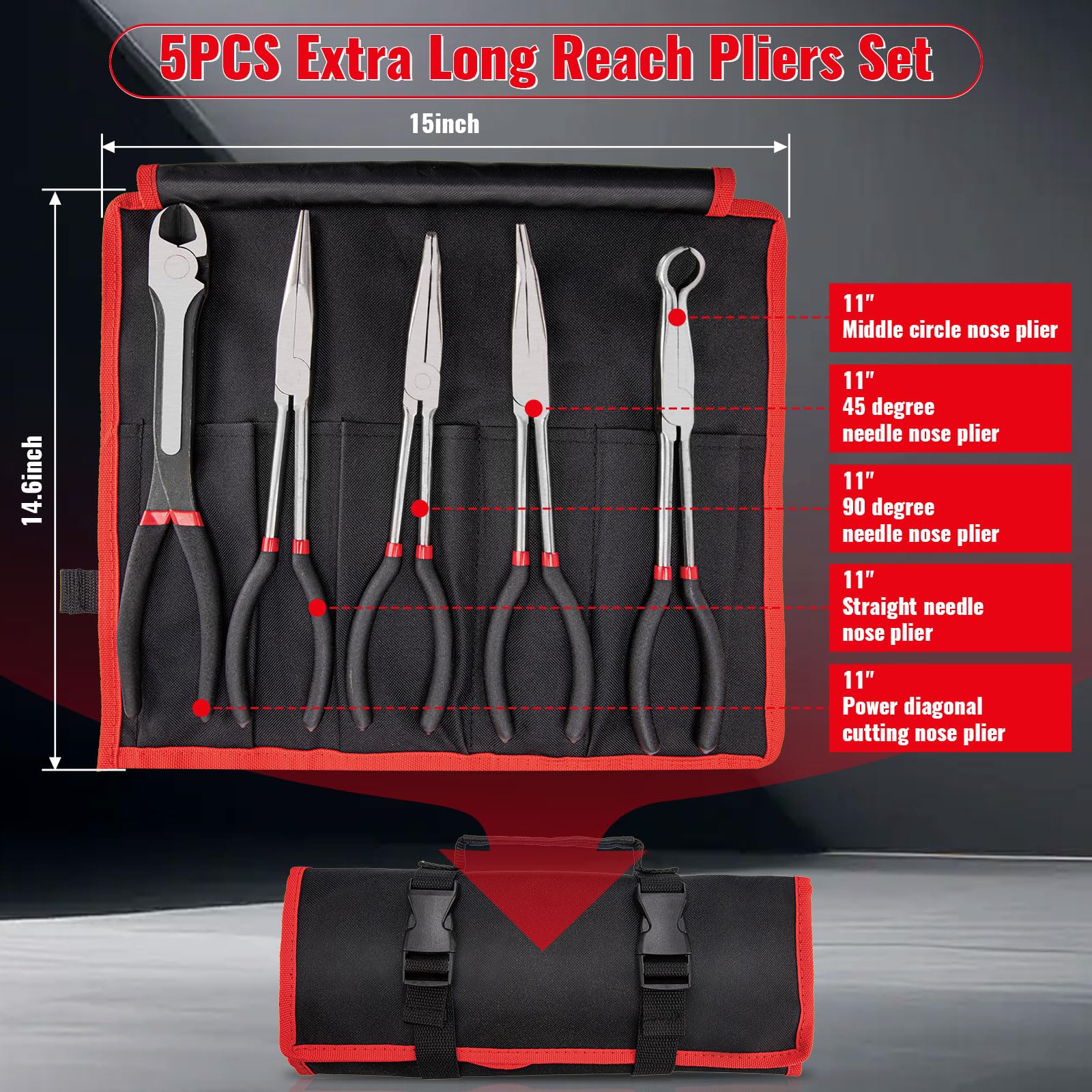 Set di pinze di precisione extra lunghe da 28 cm, 5 pezzi, dritte/piegate a 45°/90°, cerchi/diagonali, set di pinze a becco lungo con manici antiscivolo, ideali per spazi ristretti, piegatura di fili