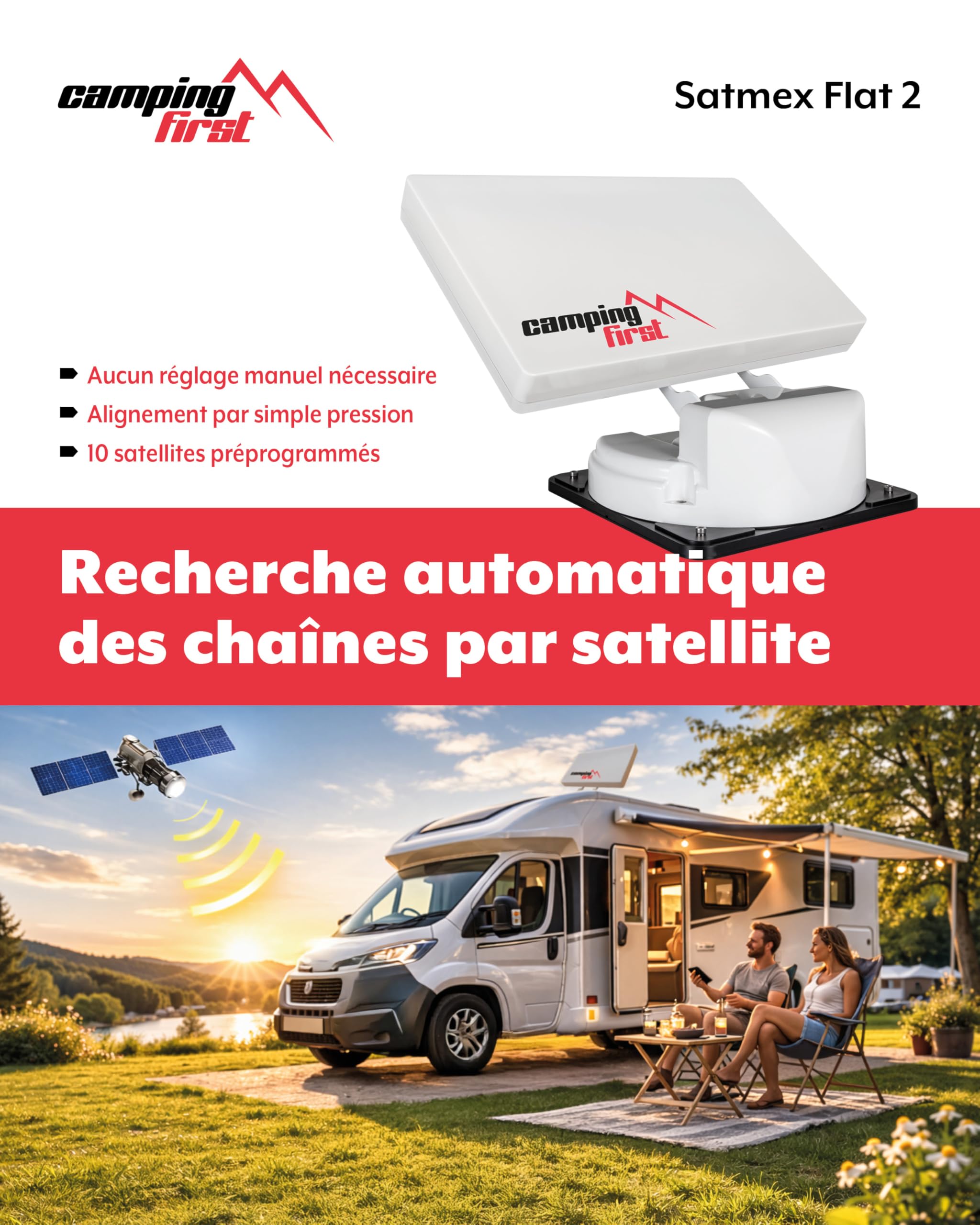 Antenne Satellite de Camping Automatique Flat 2 Blanc pour Caravane et Camping-Car