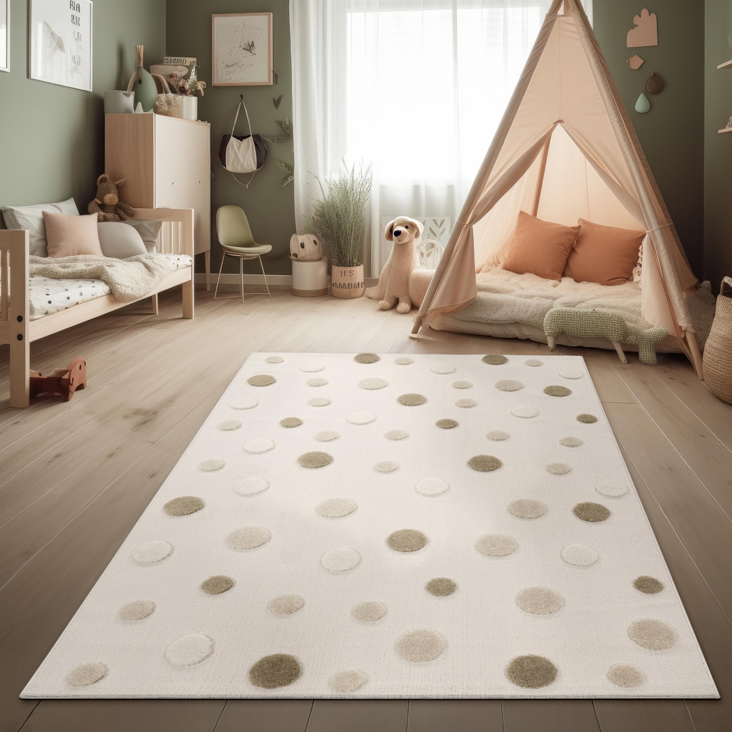 Paco Home Moqueta Habitación Infantil Alfombra de Juego Efecto Alto-Bajo Punteado Colores Naturales Suave Tacto Fácil Cuidado Beige Marron Crema, tamaño:120x160 cm