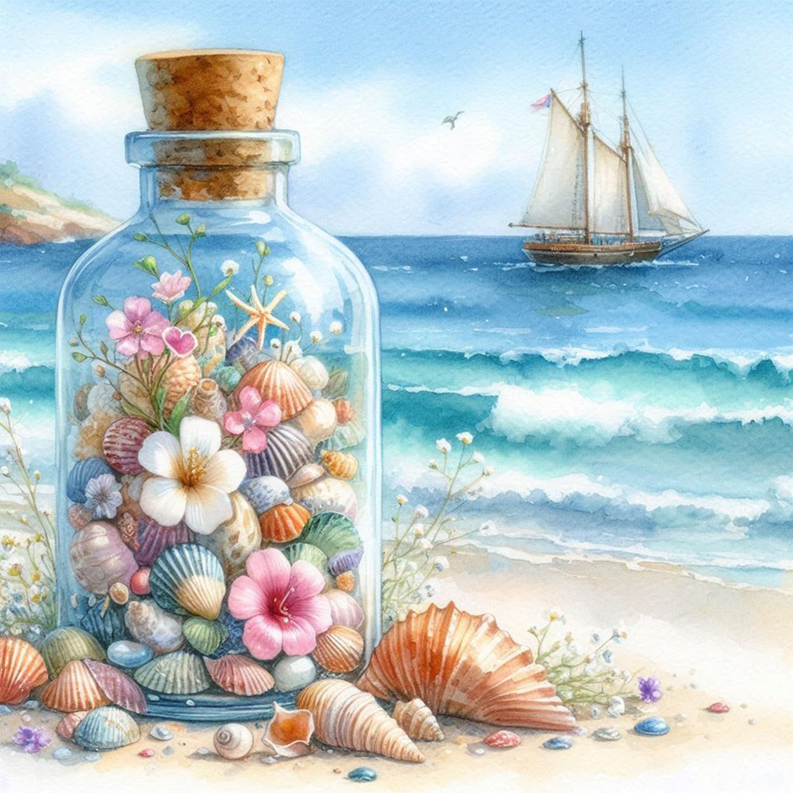 Poetrydraw Seaside Shells 5D Round Drill Diamond Art Kit For Adults & Beginners 40X40cm Wall Decor - Crystal Rhinestones, Diy Art Painting