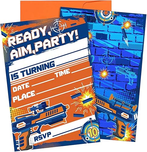MSNOR Paquete de 30 invitaciones de guerra de dardos, suministros para fiesta de cumpleaños, pistola Nerf Blaster Nerf Battle Theme Party