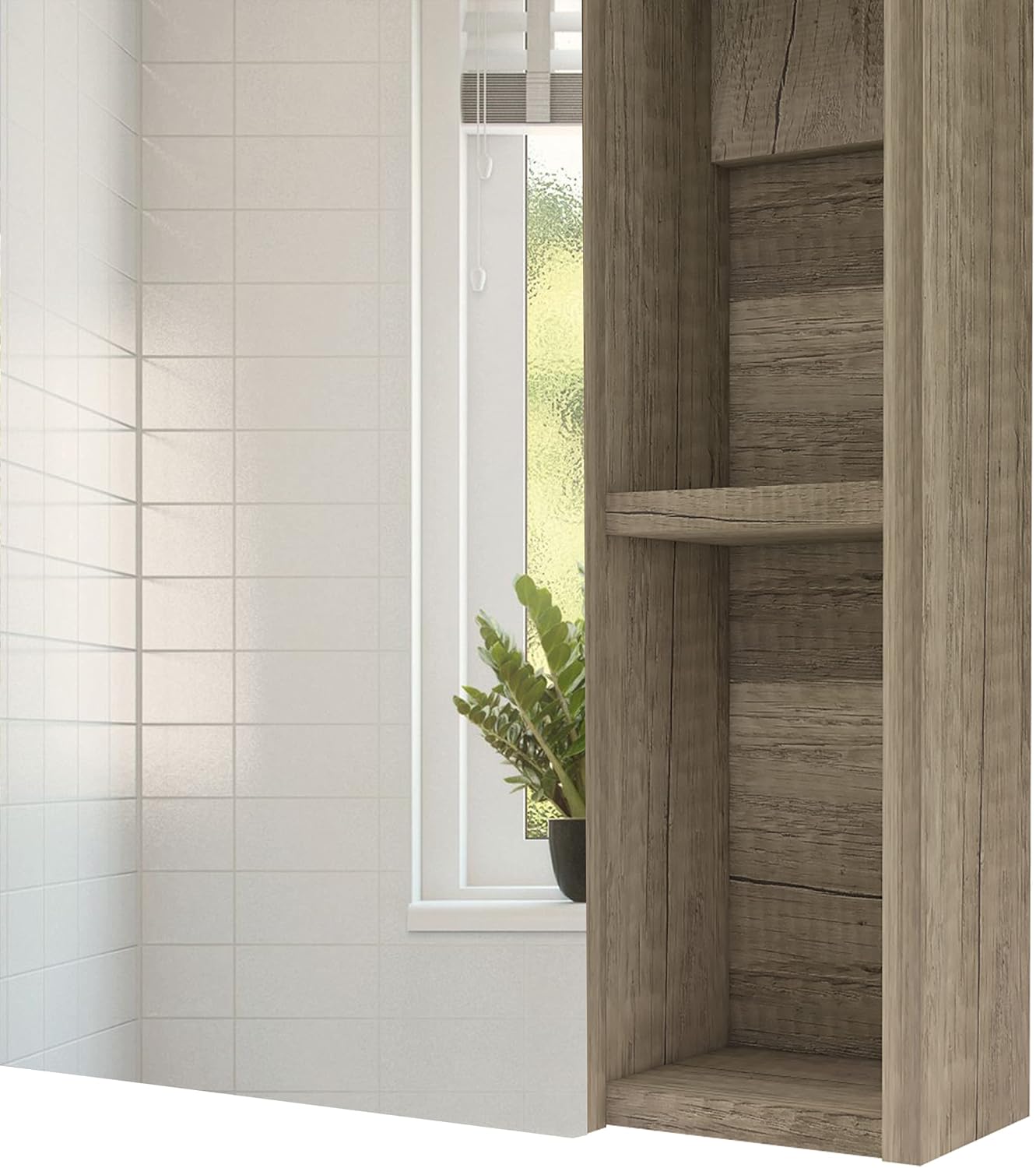 Medicine 19H Single Door Cabinet with Mirror, 5 Interior Shelves, Light Oak