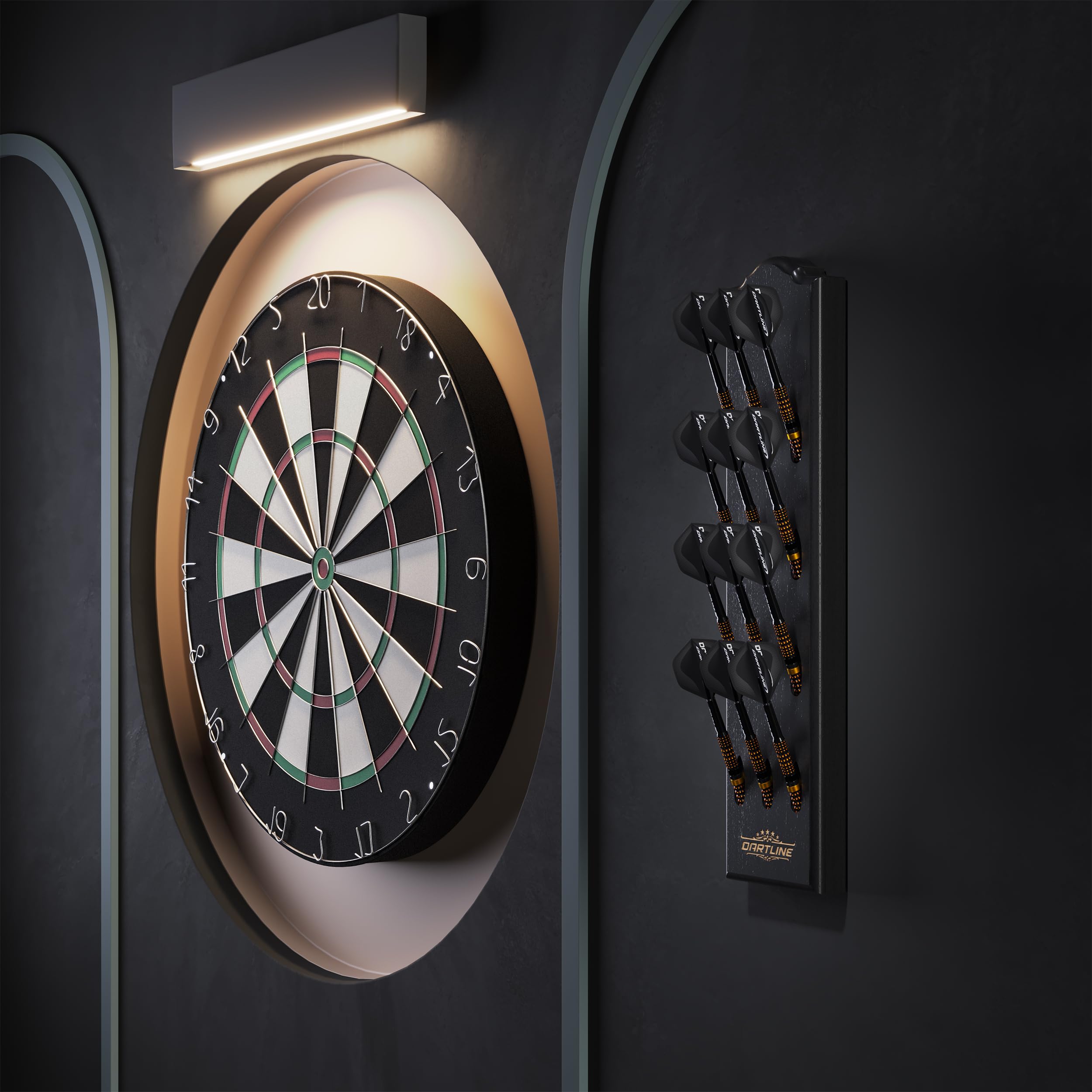Dartpfeile Halterung aus Holz | Darthalter für 12 Pfeile zur Wandmontage | matt schwarzer Massivholz Dart Halter 40x9 cm | mit Stoffbeutel für Zubehör