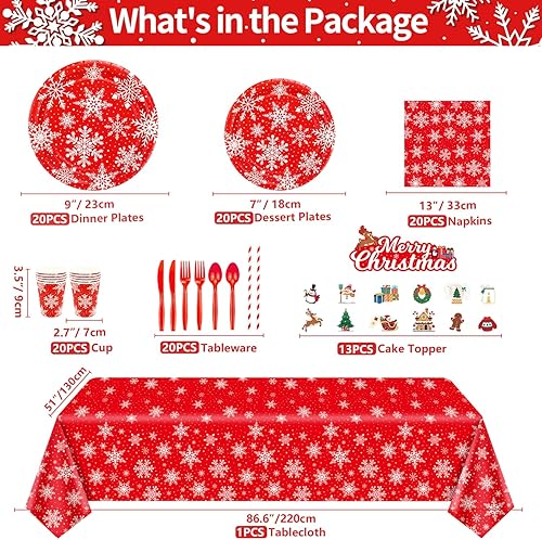 Miniatura 6 de Paquete de 227 suministros para fiestas de Navidad, decoraciones de copos de nieve, juego de vajilla temática de Navidad, platos de papel de