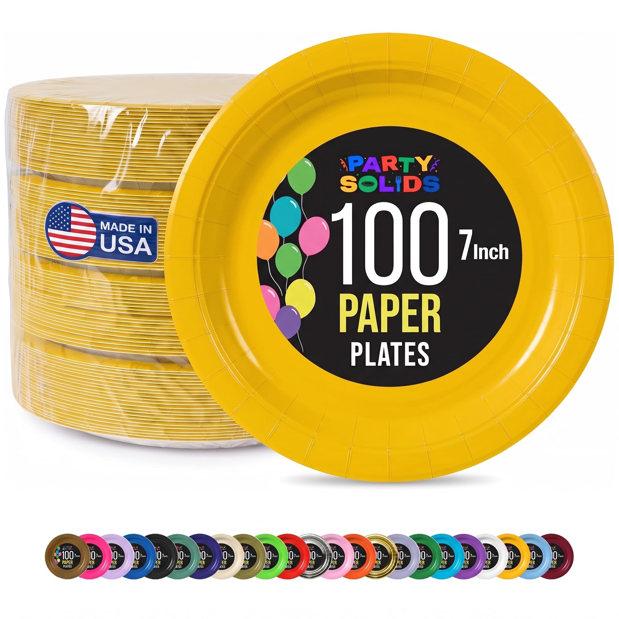 Exquisite Party Solids - Platos de papel amarillos resistentes de 7 pulgadas para fiestas, 100 unidades, 350 g/m², suministros de cumpleaños