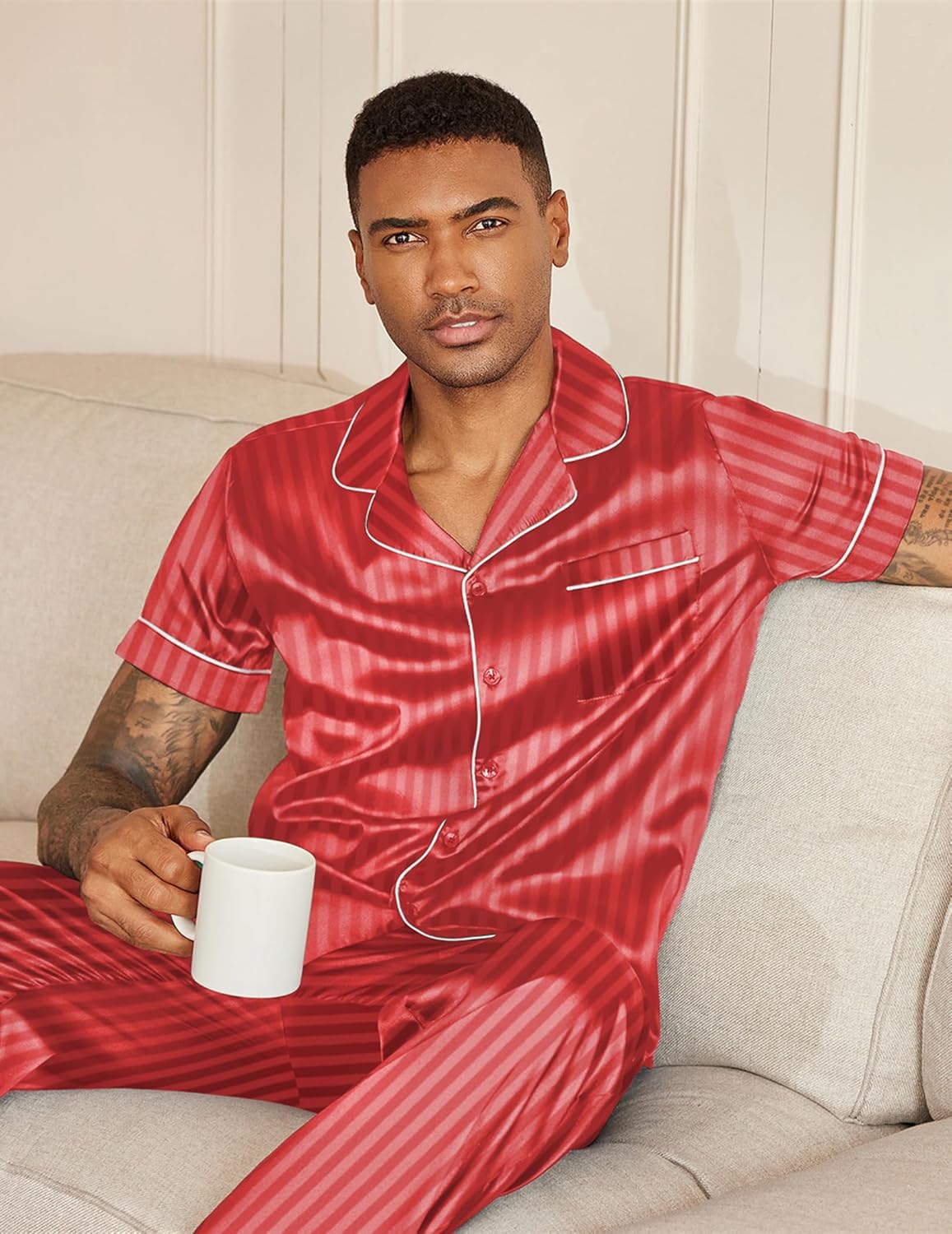 Ekouaer Mens Satin Pajama Set Short Sleeve Button Down Sleepwear Classic Loungewear Set with Long Pants - Image 6