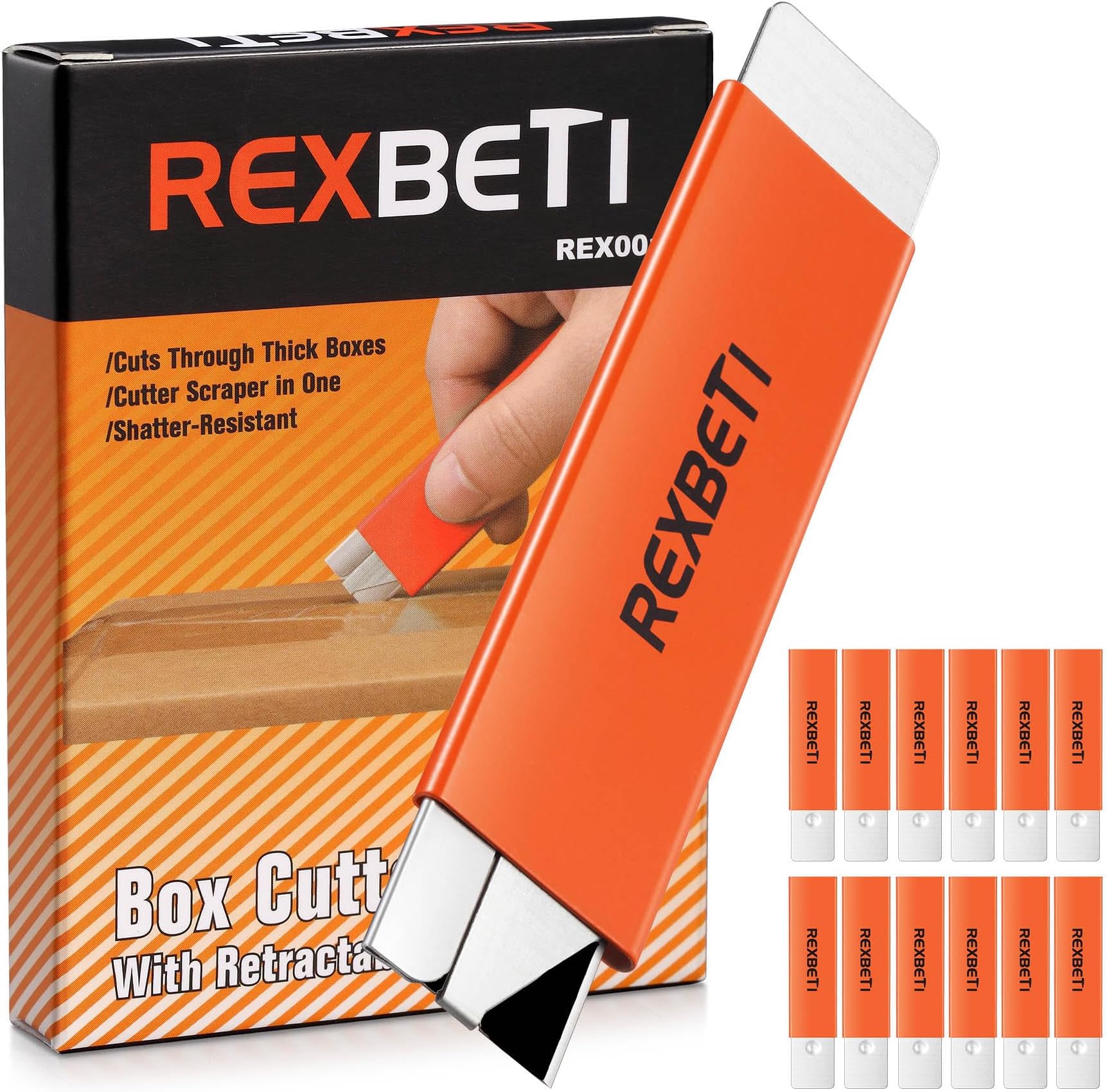 REXBETI 12 Pack Box Cutter, Retractable Cardboard Cutter, Razor Blade Scraper, Handy Box Opener, More Sharp Single Edge Razor Blade Box Cutter Set for Packages Papers and Boxes, Antirust Utility Knife