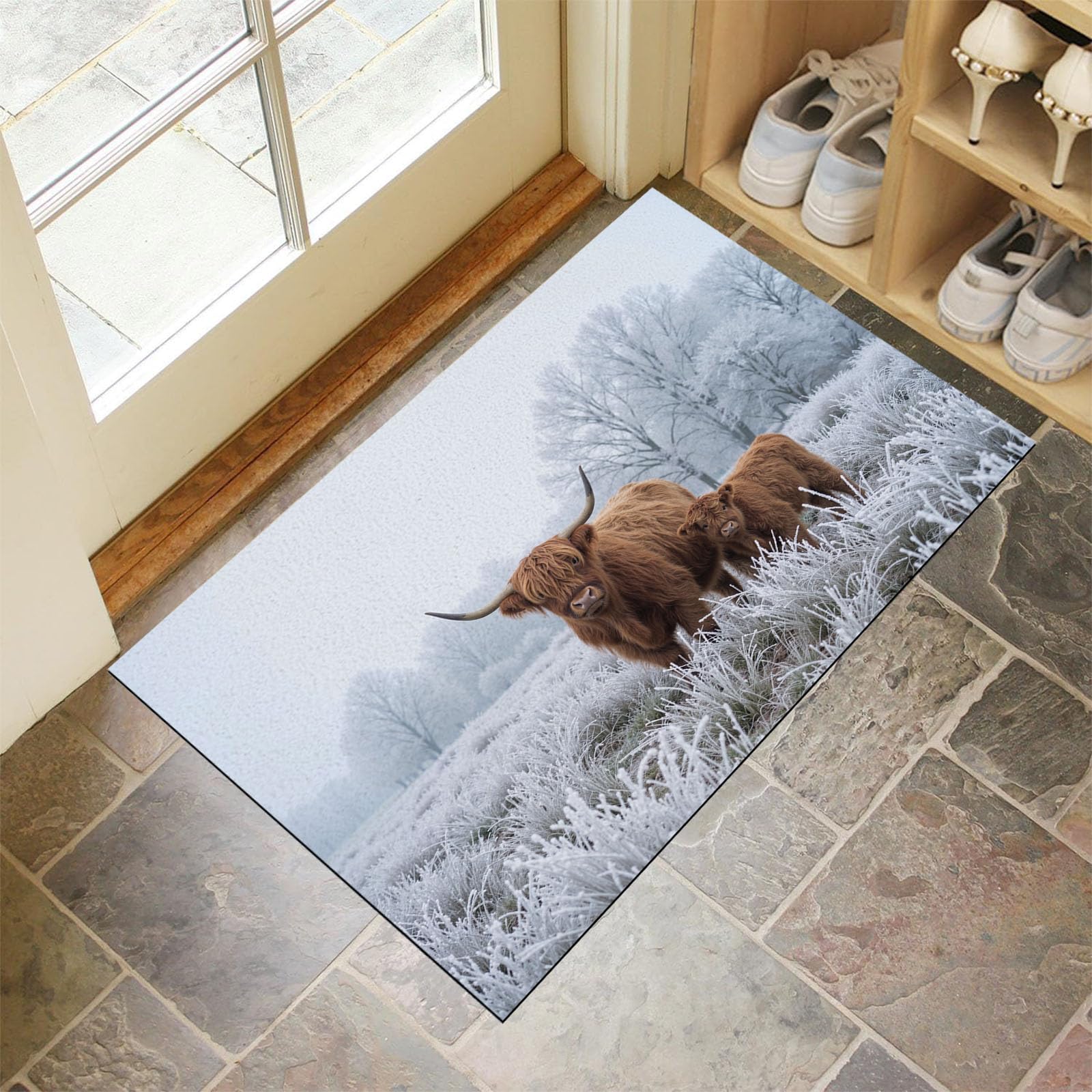 Zerbino Trappola Sporco Paesaggio Invernale Animali, 90X150Cm, Tappetino Antiscivolo Lavabile Campo Innevato Bovini Highlands, Zerbino Interno Morbide Assorbenti Per Corridoio Ingresso Porta, Bianco