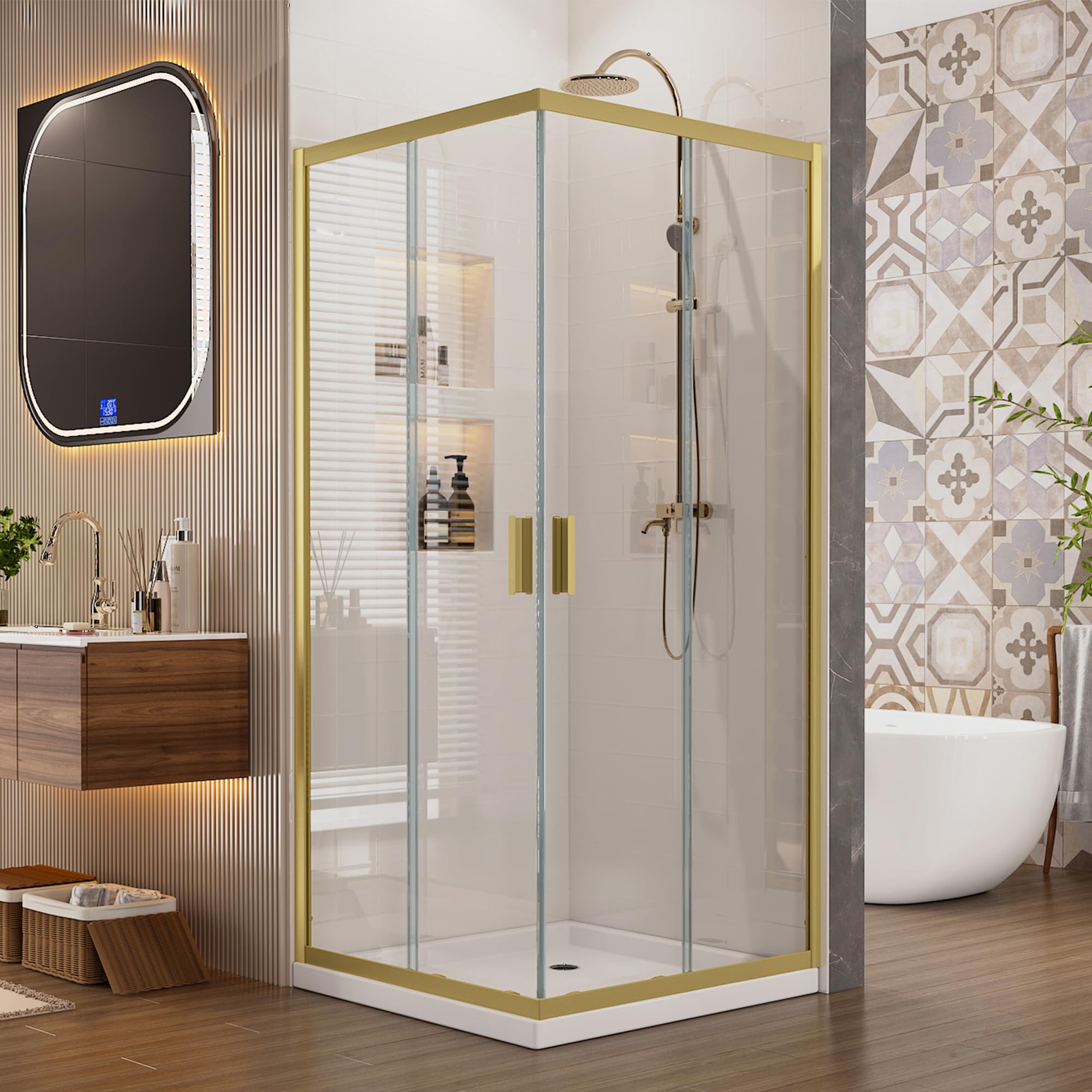 Photo 1 of Sunrosa Corner Sliding Shower Enclosure 36" x 36" x 76", Tempered Glass 1/4 in. Double Sliding Shower Door, Corner Shower Door Brushed Gold