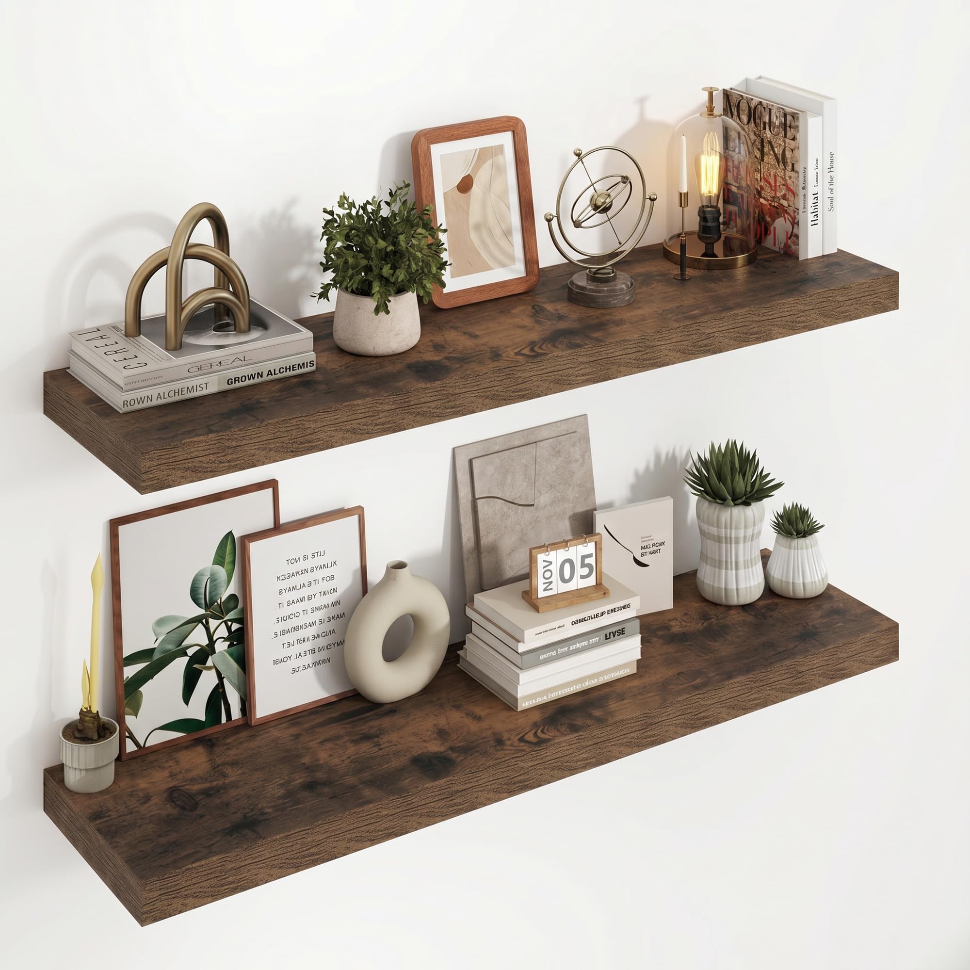 Acovy Floating Shelves for Wall, 23.5cm Extra Deep 100cm Long Wooden Wall Mounted Shelf, Wall Shelves for Living Room Bathroom Bedroom Kitchen, Vintage Brown, Set of 2