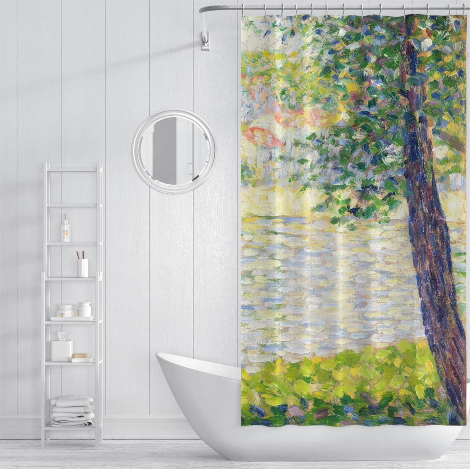 Grüne abstrakte Flussuferlandschaft Duschvorhang-Sets Georges Seurat Kunst Badevorhänge Standardgröße Pflegeleichte Badvorhänge W78xL96in