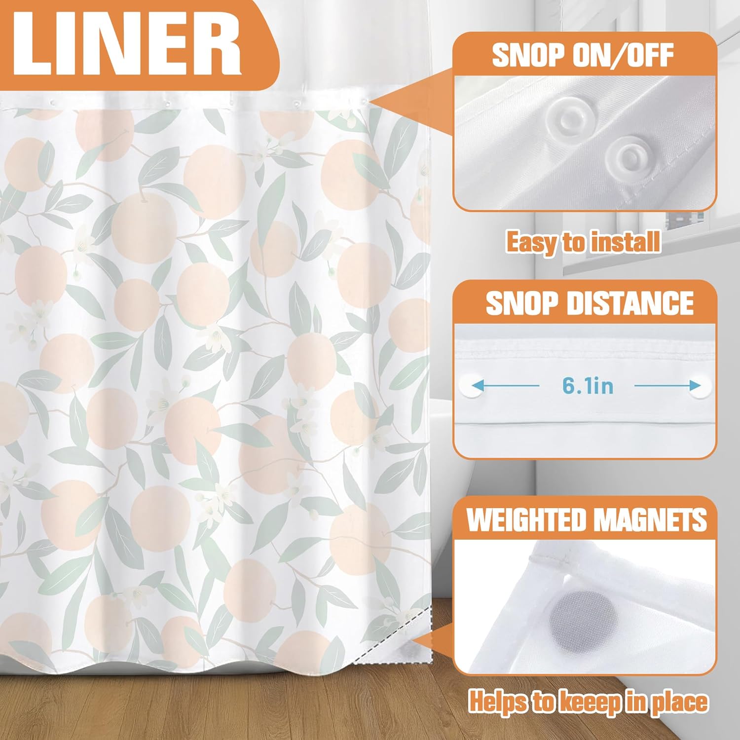 Lifeel No Hook Shower Curtain with Snap in Liner, Orange Allover Fruits Round Citrus Pattern Curtains Set with Waterproof Inner Liner for Bathroom, Orange Green 72×74 inches