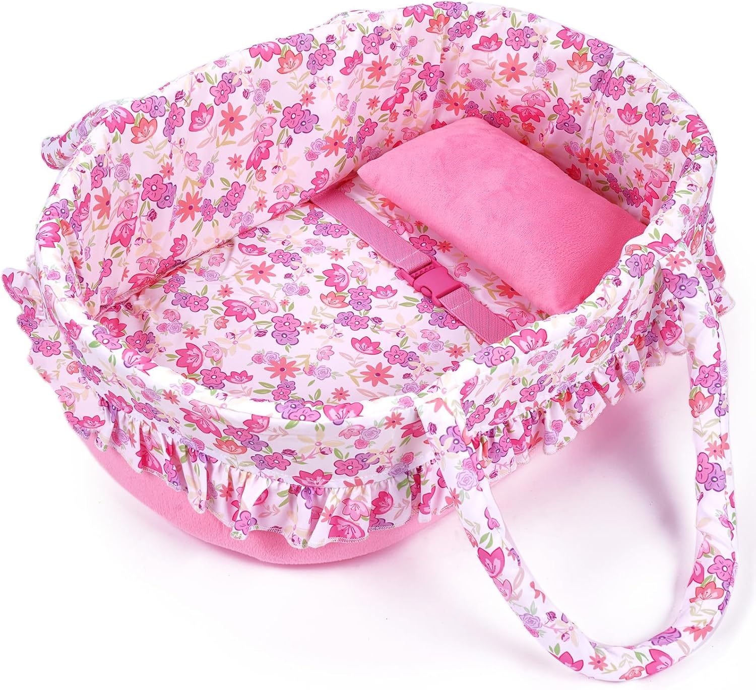 BABESIDE 2 Pcs Reborn Baby Doll Accessories, Pink Floral Baby Doll Bassinet with Pillow and Built-in Carrier, Portable Doll Bed with Handle for 17-22 Inch Lifelike Dolls (Dolls Not Included)