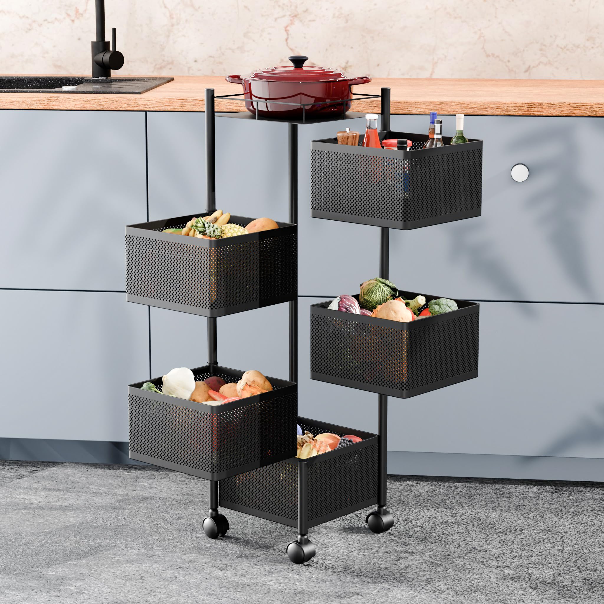 TEX-RO Kitchen Trolley with Wheels | 5-Layer Metal Vegetable Basket Stand & Kitchen Storage Rack | Multipurpose Kitchen Organizer for Onion Potato Storage (Small,Black)