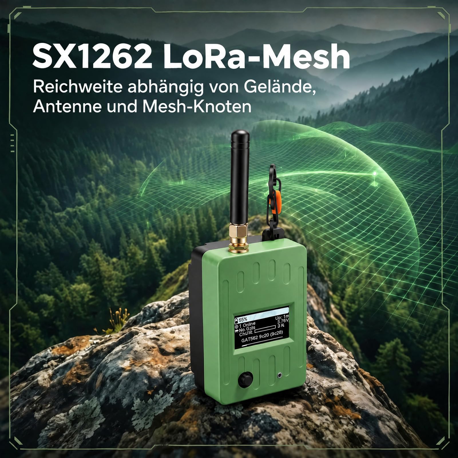 GAT562 Pro LoRa GPS Mesh Node, 2500 mAh, 1,3 Zoll, Grün