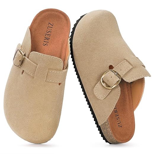 Kids Suede Clogs Boys Girls Cork Footbed Potato Shoes Classic Slip On Leather Mules Children Indoor Outdoor Sandals with Adjustable Buckle