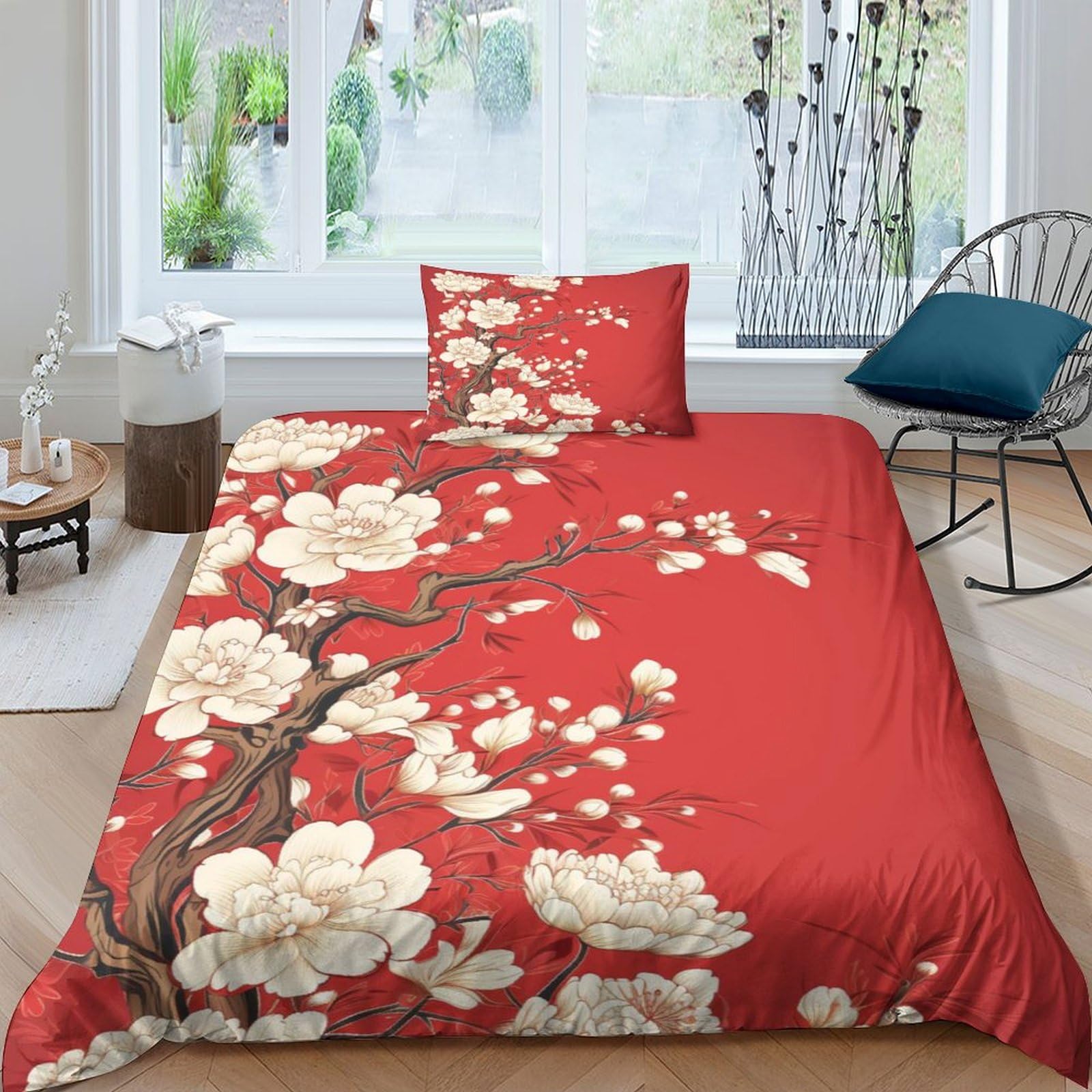 Crjus Style Red Flower Duvet Cover Bedding Set 2 Piece Set Duvet Cover Chinese Quilt Cover Microfiber Polyester Comforter Cover With Zipper Closure Pillowcase Single（135X200cm）