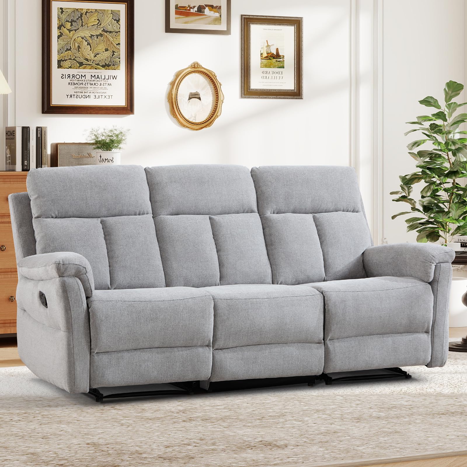 ANJ Manual Reclining Sofa, 3-Seat Recliner Couch with Padded Arms and Supportive Backrest, Comfortable Fabric Reclining Sofas for Living Room, Silver