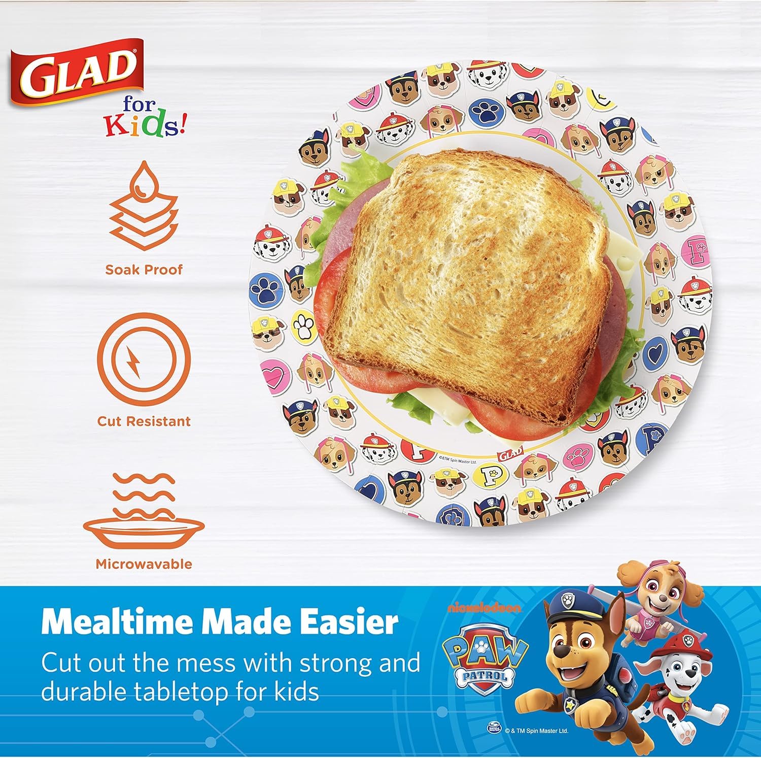 Glad Platos de papel desechables para niños, de Paw Patrol Emoji, a prueba de remojo, aptos para microondas, vajilla apta para niños para uso diario, 7 pulgadas, 20 unidades (paquete de 10)