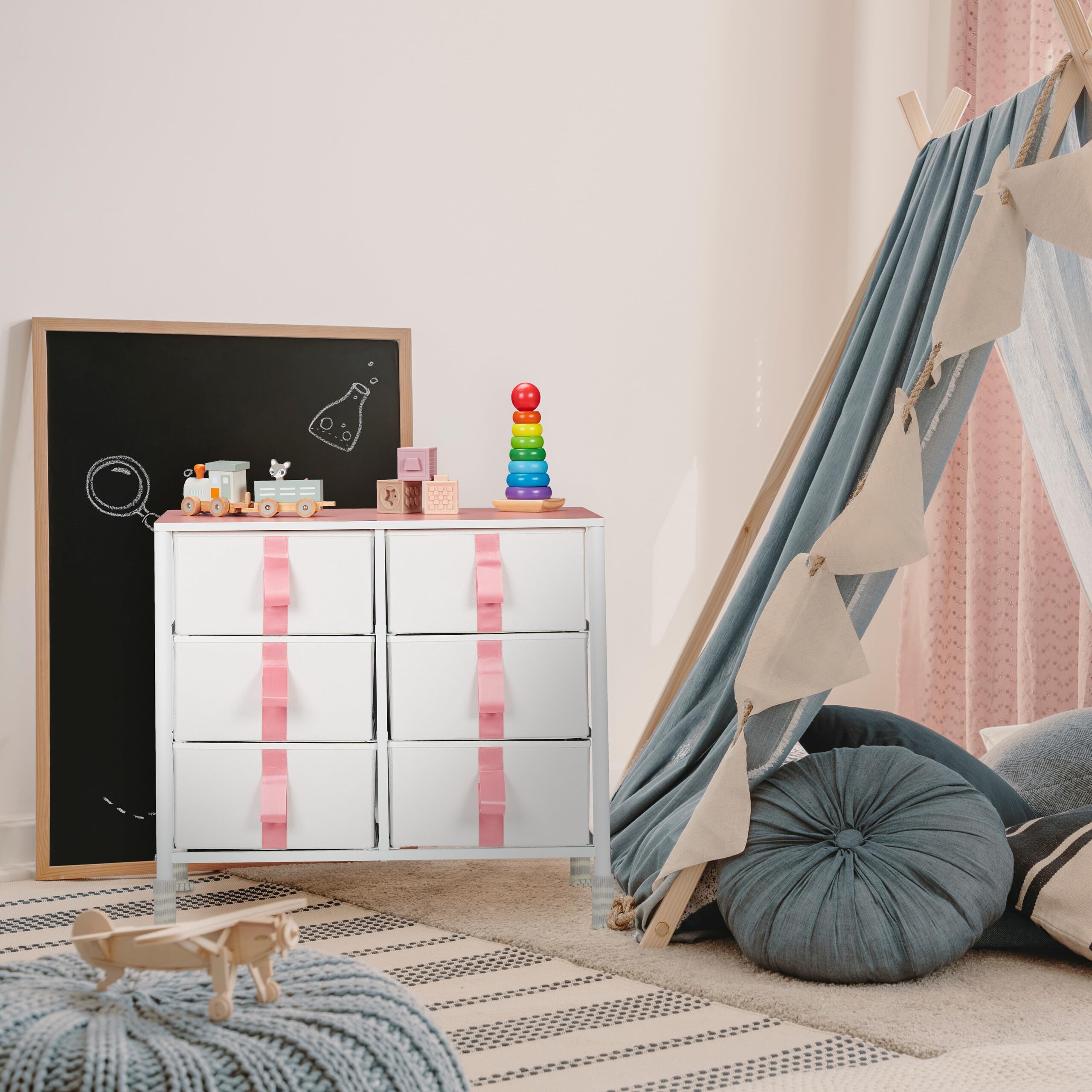 Relaxdays Kommode, Kinder, 6 Stoffschubladen, HxBxT: 61,5 x 68 x 40,5 cm, Schubladenschrank mit Metallgestell, weiß/rosa