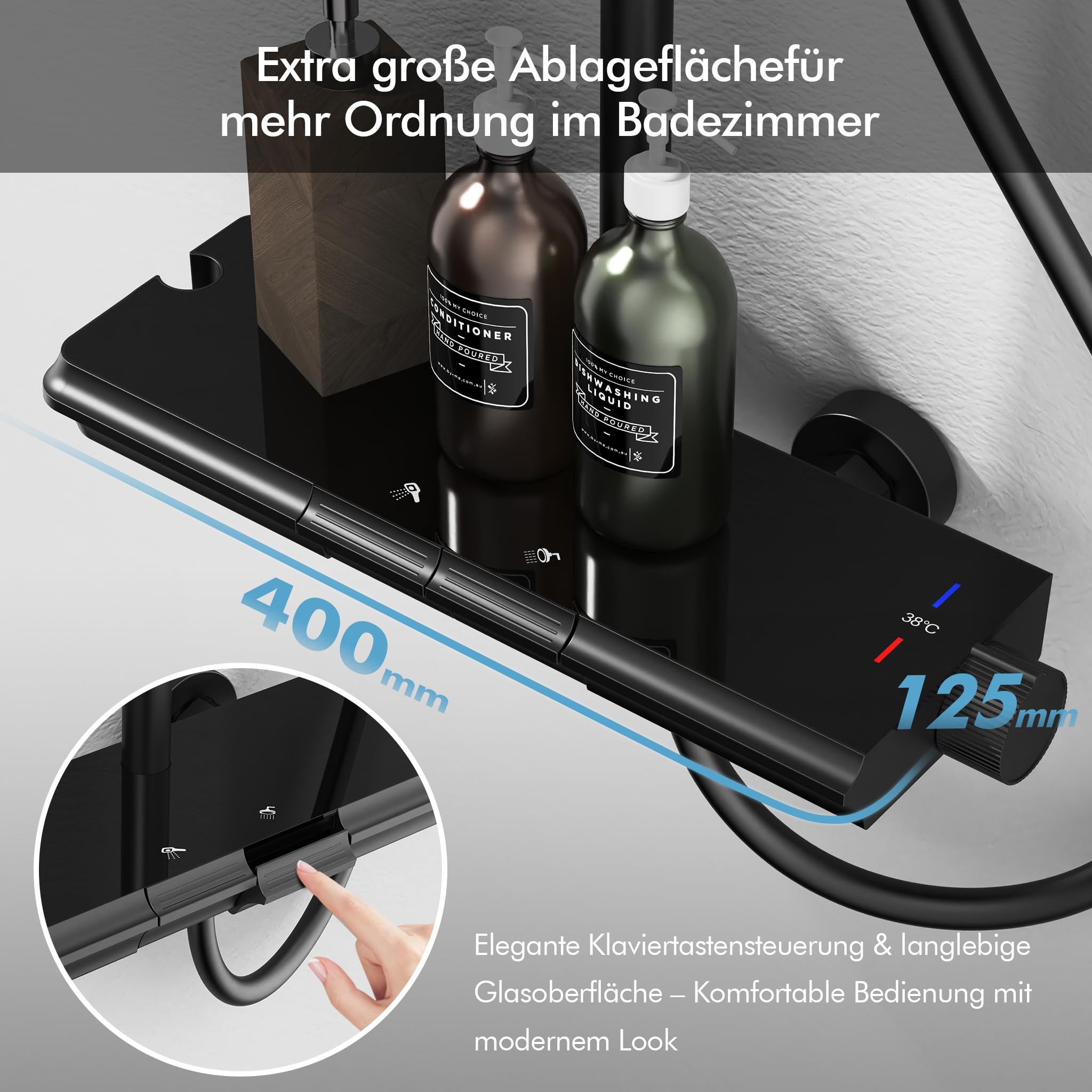 HOMELODY Duschsystem mit Thermostat und Glasablage Schwarz - 30x20cm Groß Kopfbrause Regendusche und 3 Strahlarten Handbrause, 2 Klavierknöpfen Duscharmatur Komplettset, Duschgarnitur mit Regendusche