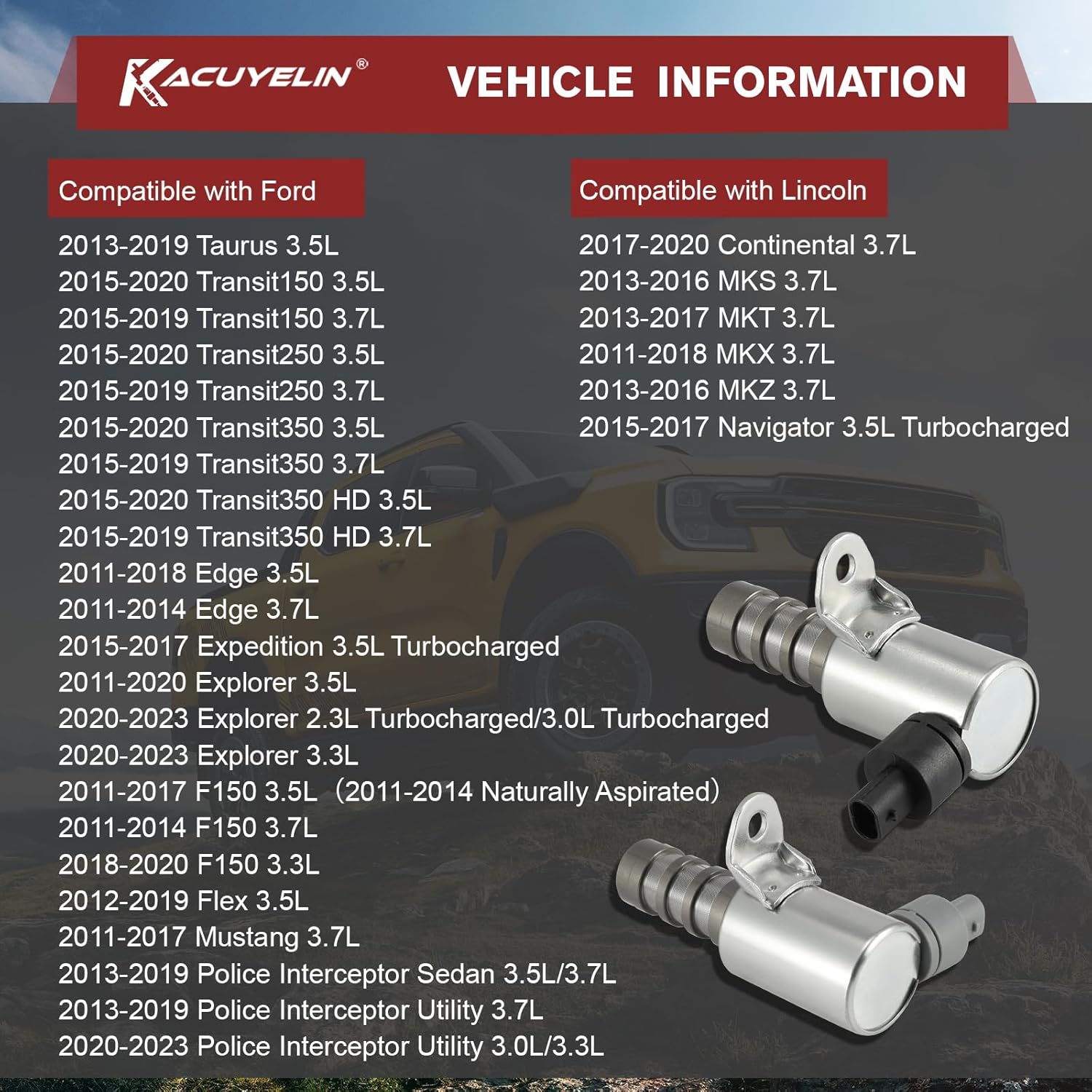 917197 917198 Engine Variable Valve Timing VVT Solenoid Intake and Exhaust Oil Control Valve Solenoid Compatible with Ford F150 Mustang Explorer Edge Expedition Lincoln MKS MKT 2011-2023 4PCS