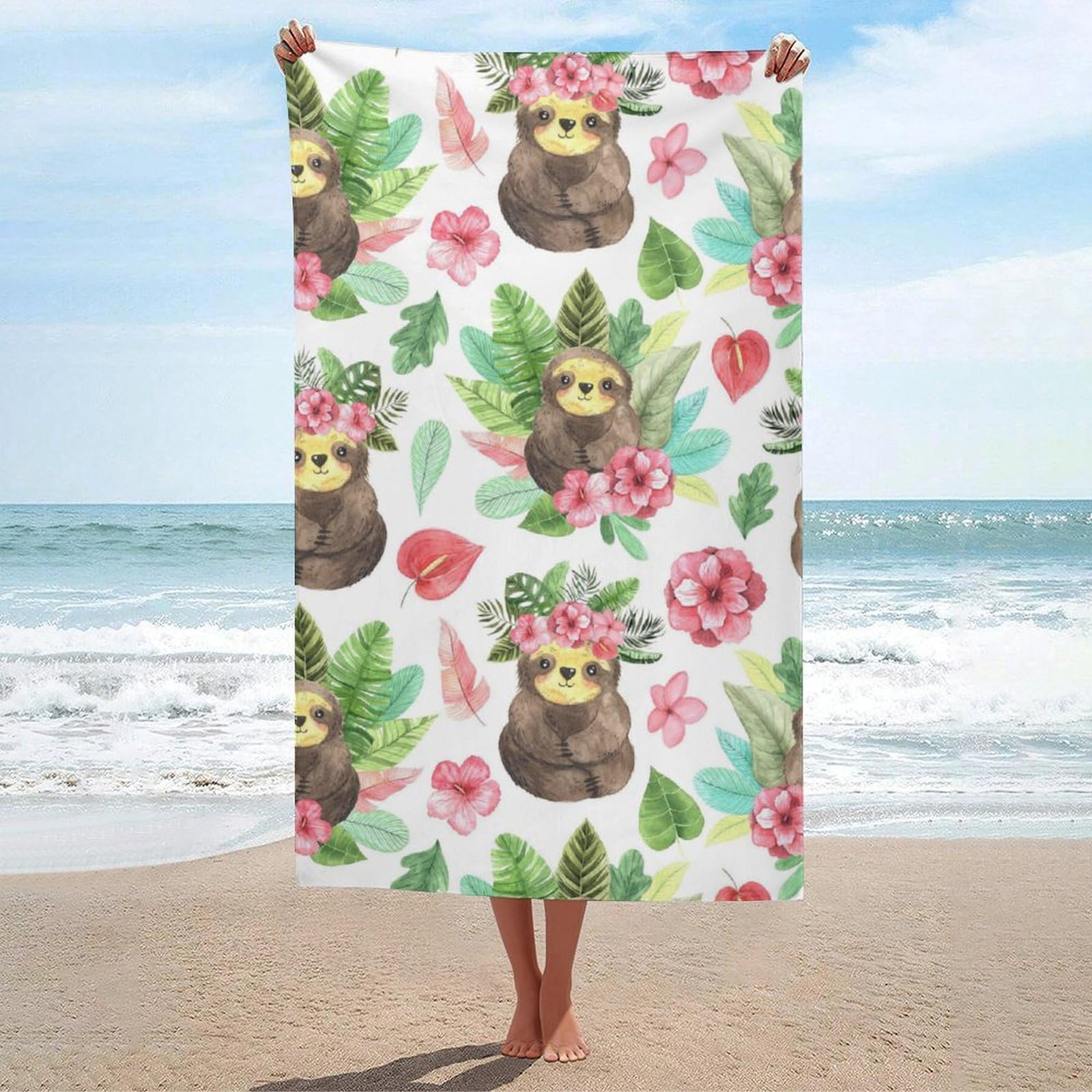 LEDFCVSU Beach Towel, Pink Floral Sloth Bath Towel, Absorbent Towel for Swimming, Sports, Travel