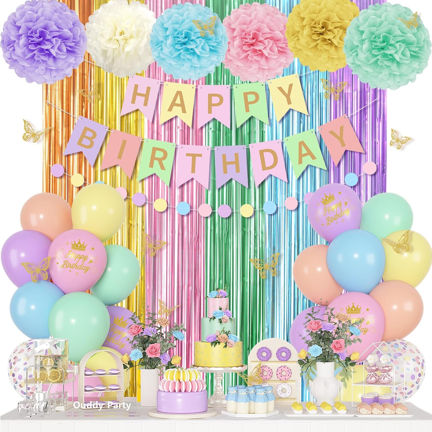 Pastel Birthday Decorations for Women Girls, Rainbow Colorful Printed Confetti Balloons Butterfly Stickers Fringe Curtain Happy Birthday Banner Circle Dots Garland Paper Pompoms Spring Party Supplies