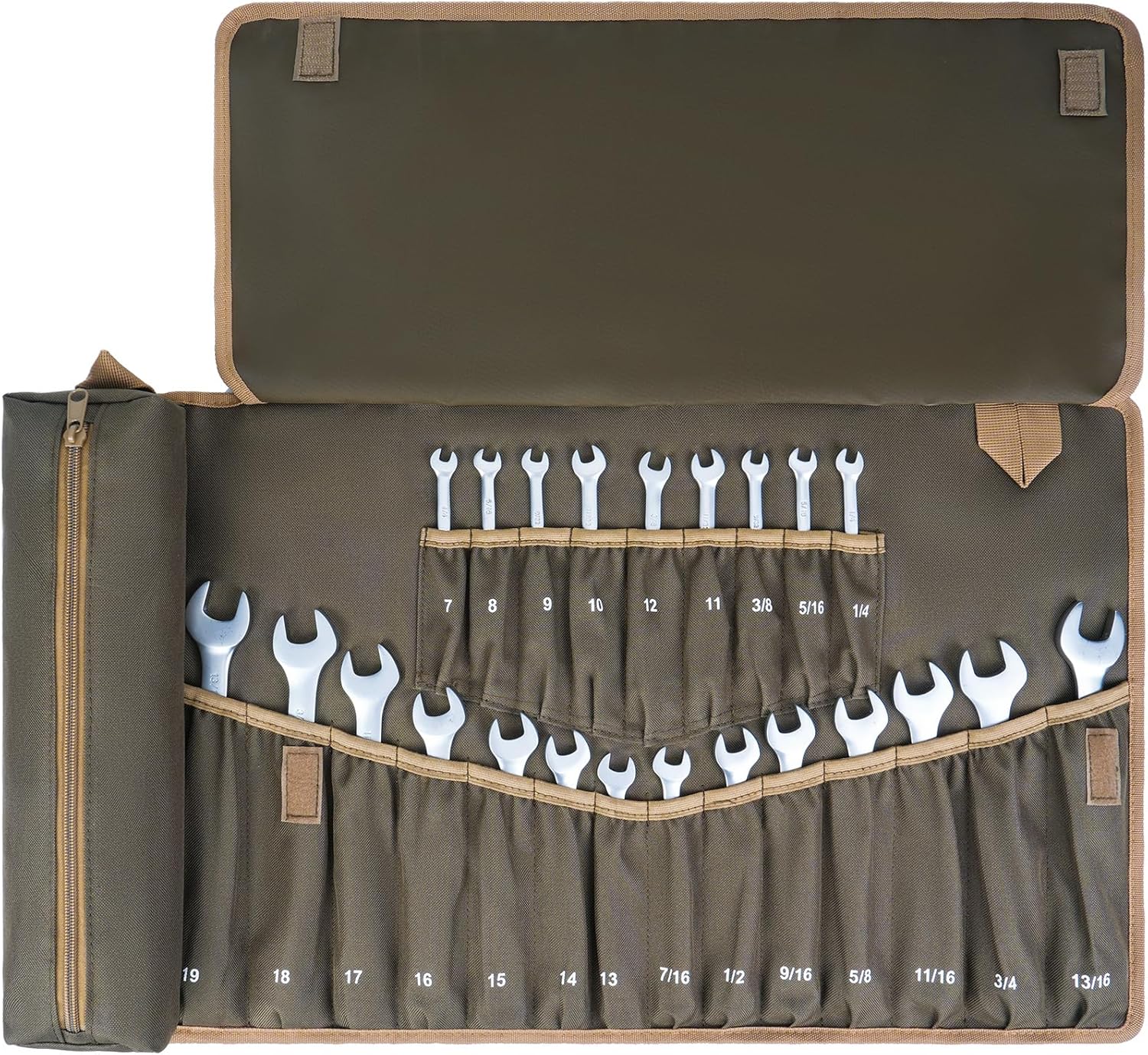 Wrench Roll Organizer,Wrench Roll Up Pouch with 23+1 Pockets,Heavy Duty Tool Roll for Metric & SAE Wrenches,Large Wrench Holder Organizer Bag for Men,Mechanics,Gifts for Men Dad(Olive Green) NO Tools