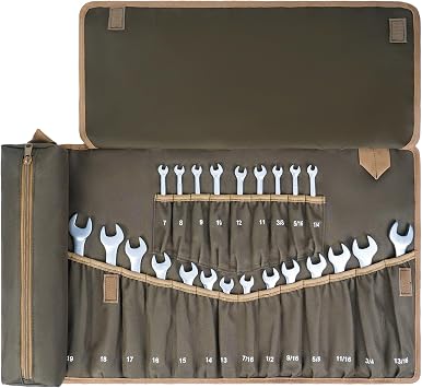 Wrench Roll Organizer,Wrench Roll Up Pouch with 23+1 Pockets,Heavy Duty Tool Roll for Metric & SAE Wrenches,Large Wrench Holder Organizer Bag for Men,Mechanics,Gifts for Men DadOlive Green NO Tools
