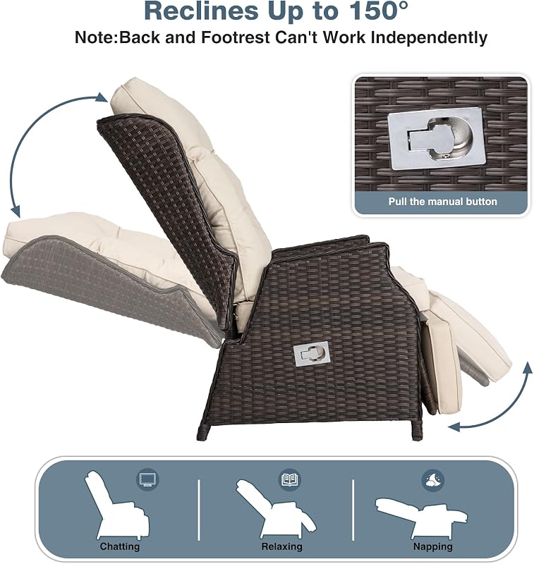 COMLAX FIELD Outdoor Recliner with Adjustable Backrest and Footrest,Beige image 3