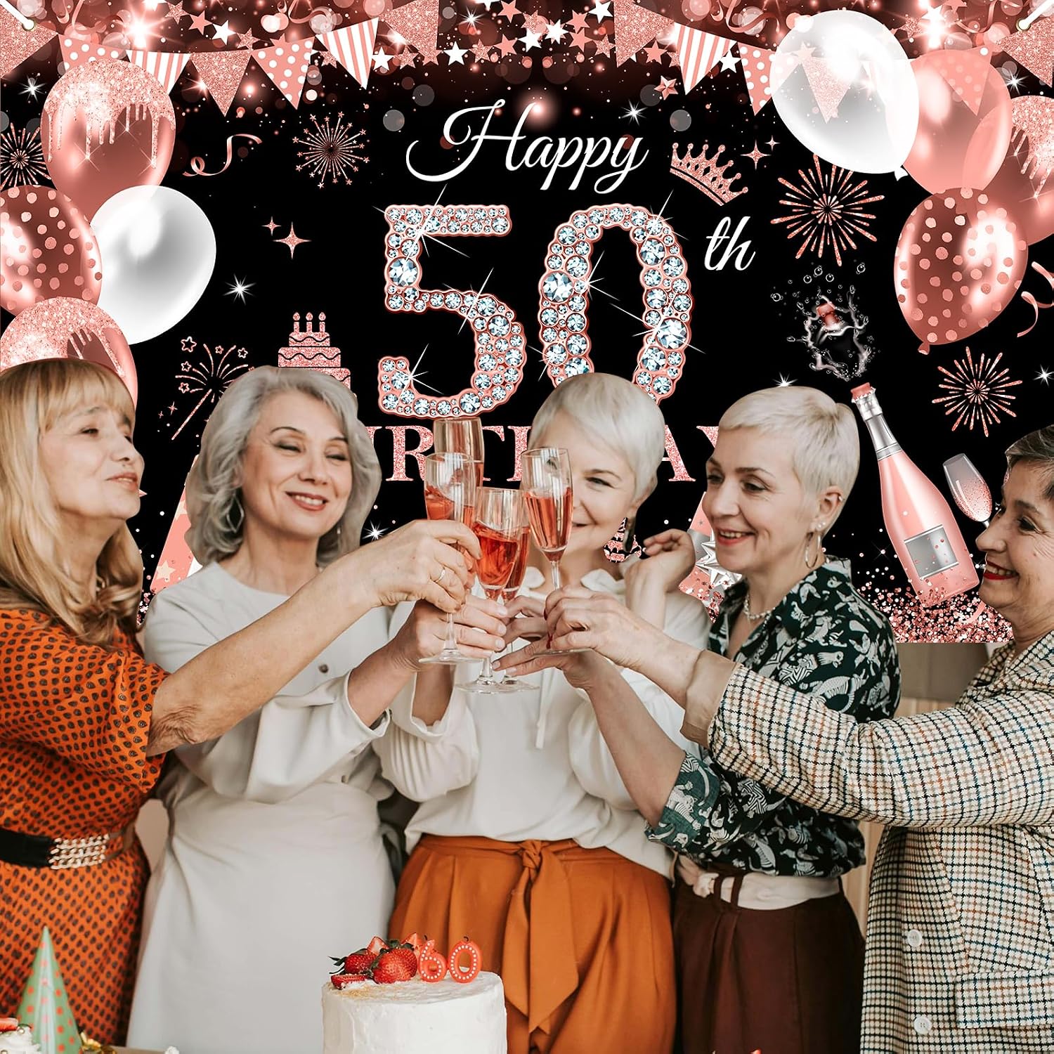 Avezano Happy 50th Birthday Banner for Women Black and Rose Gold Glitter Balloon 50 Birthday Party Backdrop 50 Year Old Bday Photo Backdrop Party Supplies 70.8 x 43.3 Inch