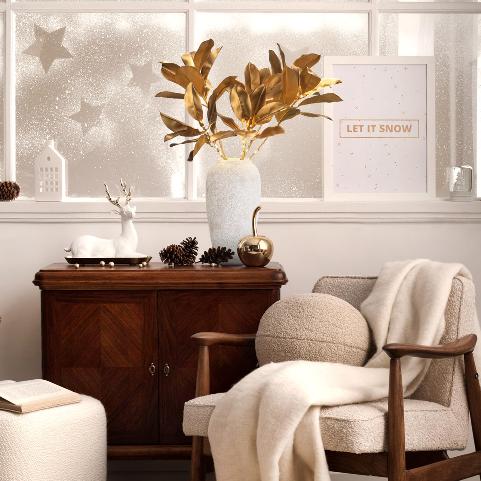 Retisee Magnolien-Zweige aus künstlichem Gold, beleuchtet, 65 cm, Magnolien-Plektren mit Lichterkette, künstliche Blätter, künstliche Zweige für Herbst, Weihnachten, Vase, Zuhause, Büro