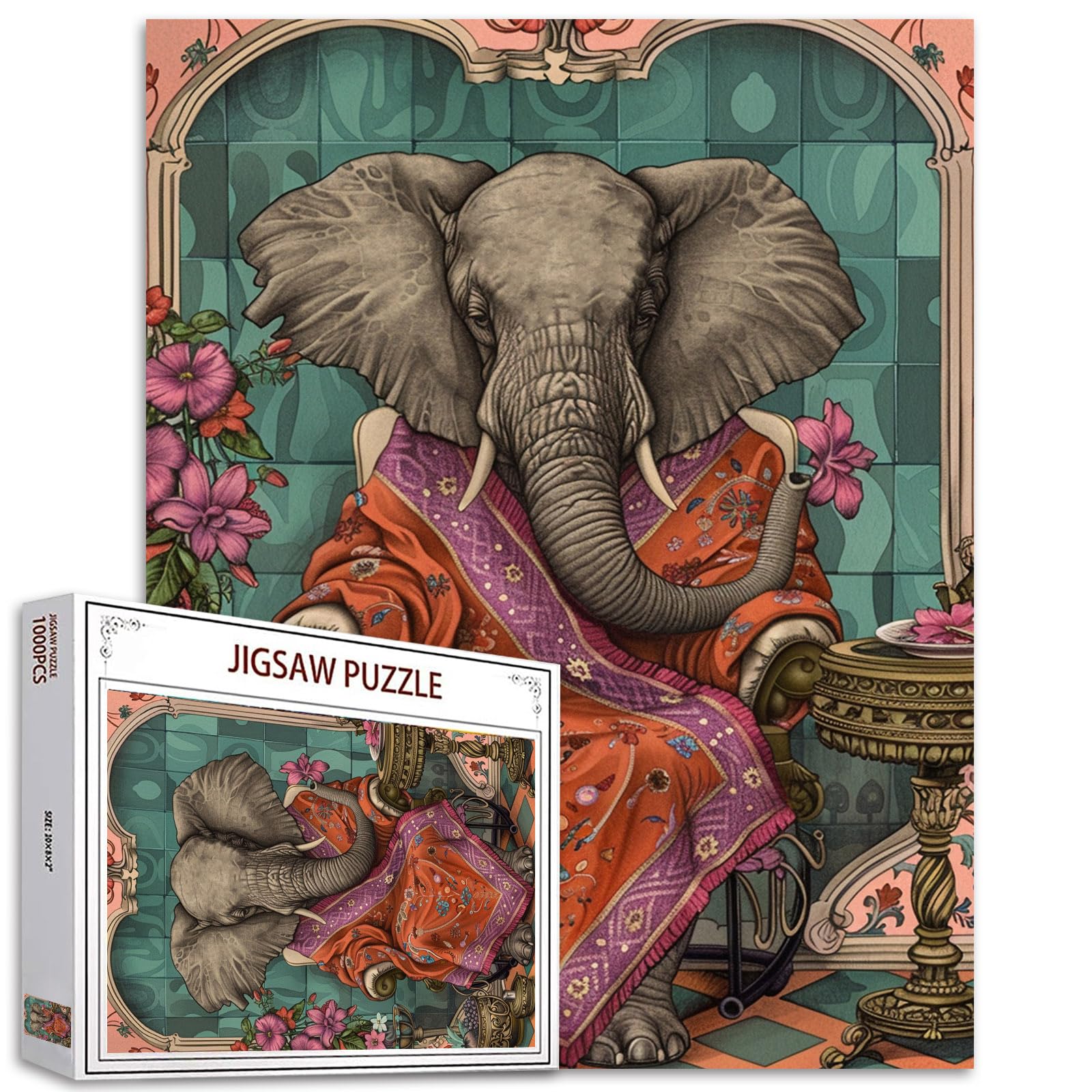 Elephant in Clothes Sitting on the Couch Jigsaw Puzzles for Adults - 1000 Pieces, Jungle Animal Flower DIY Puzzle for Home Decor, Family Game Nights, Great Gift