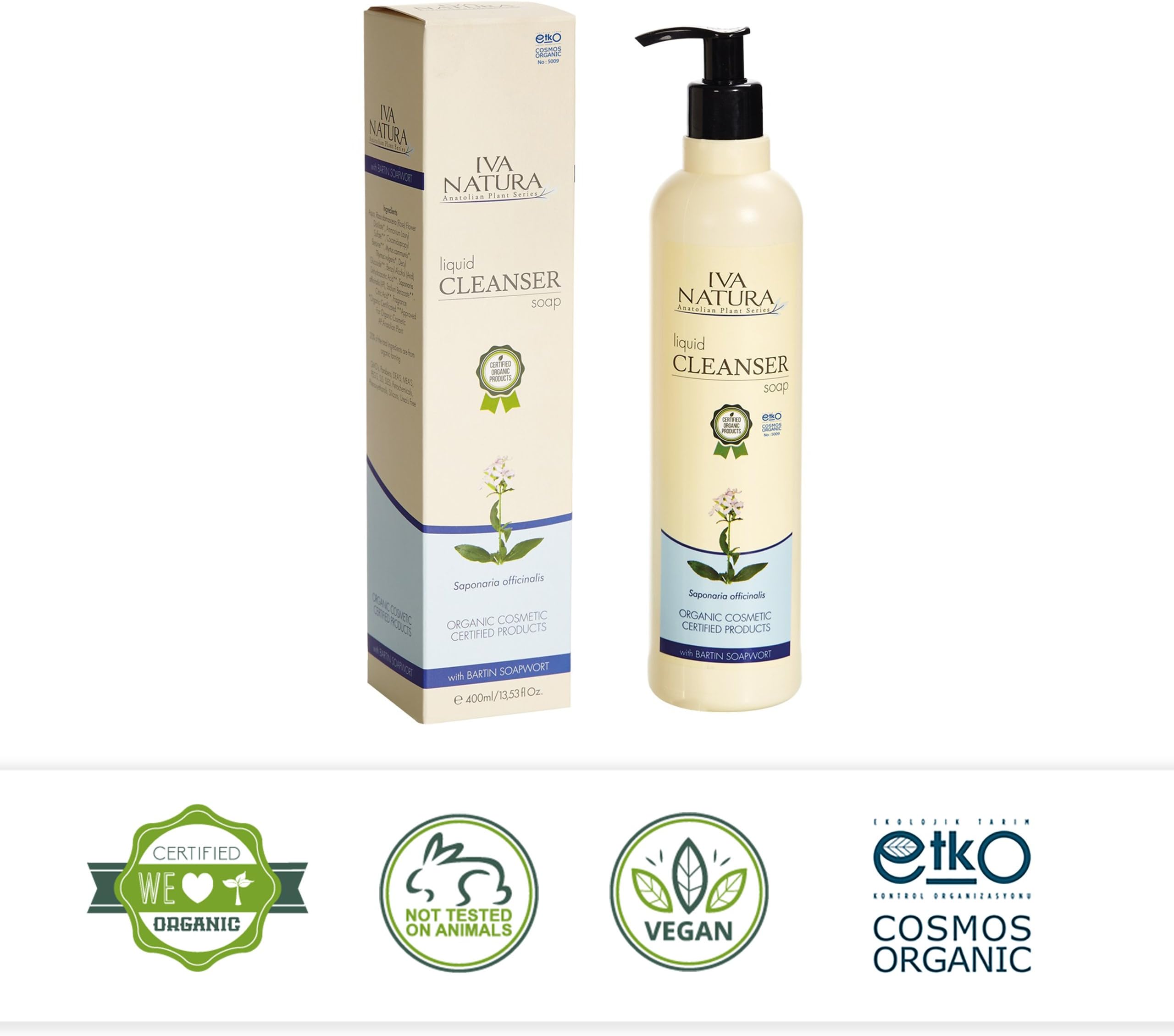 Iva Natura New Certified Organic Cosmetic Liquid Cleanser Soap with Bartin Soapwort, Pack of 1