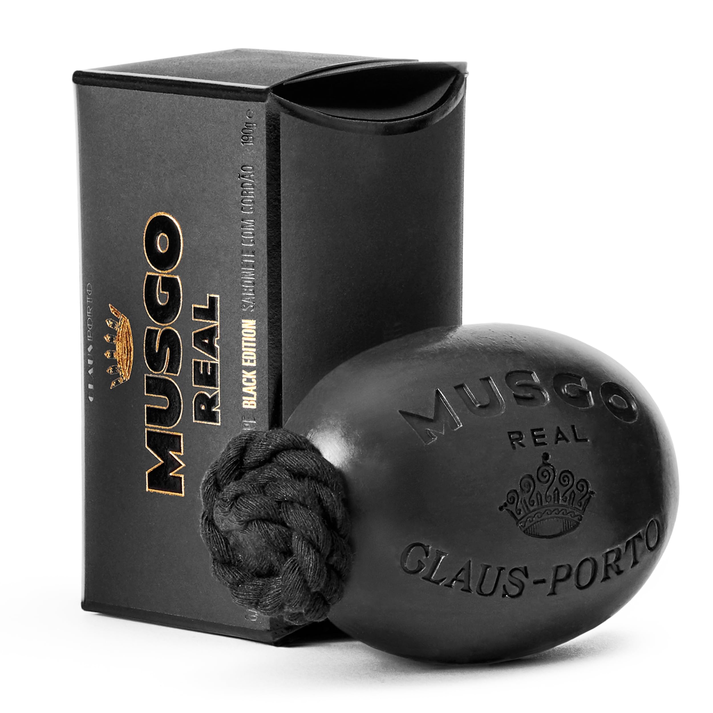 Claus Porto - Musgo Real Black Edition Soap on a Rope | Woody Scent with Lemon | Jojoba + Grape-Seed Oils | Rich, Smooth, Creamy for Men + Women | Handcrafted, Long Lasting (190g | 6.7 oz)