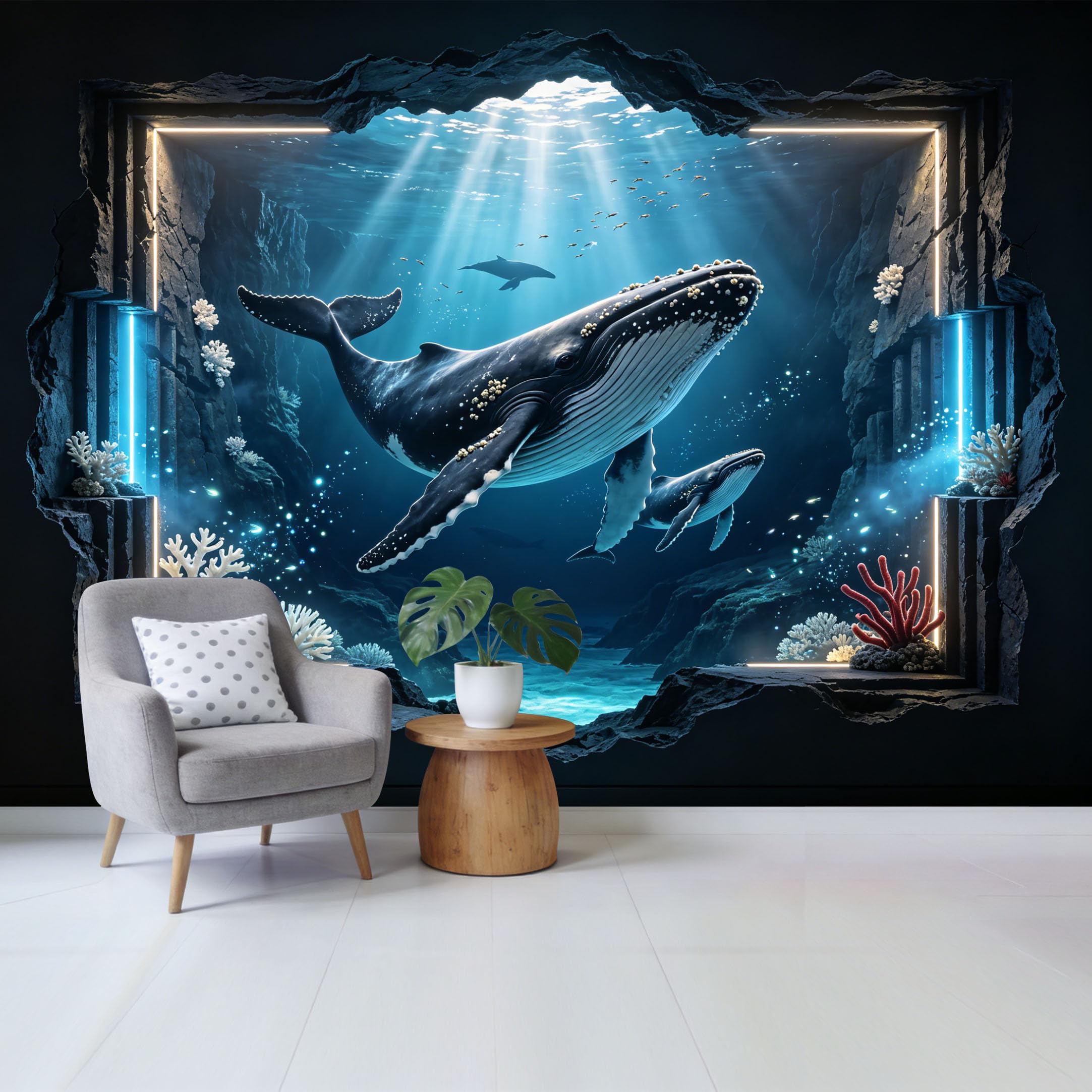 Custom Size Wall Mural 3D Underwater Humpback Whale Deep Ocean Marine Botanical Removable Self Adhesive Fabric，Home Wall Decor for Living Room Bedroom Bathroom