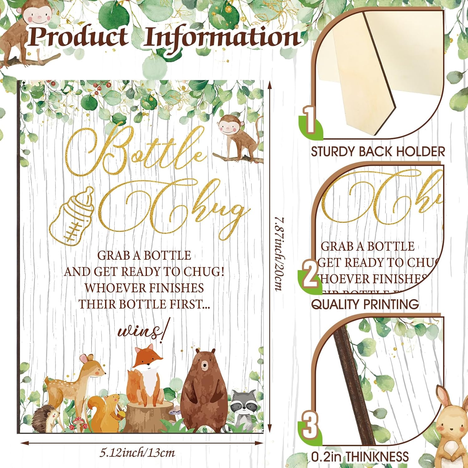 TrelaCo Woodland Animal Cool Baby Shower Games Bottle Chug Sign Wooden Woodland Gift Sets Gender Reveal Party Favors and 12 Pcs Baby Bottle Shower Favor for Gender Reveal