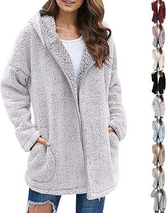 Fur Coats for Women Fuzzy Fleece Oversized Jackets with Hood Cozy Sherpa Coats Loose Fit Outerwear with Pockets