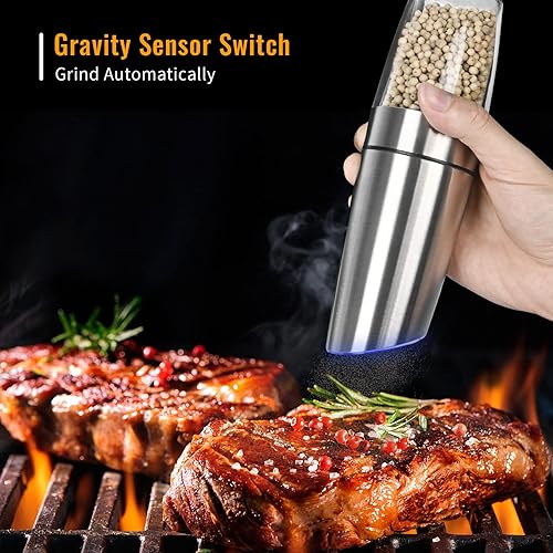 Miniatura 2 de Gravity - Juego de molinillo eléctrico de sal y pimienta, 2 unidades de molinillo automático de sal y pimienta con luz LED y grosor ajustable,