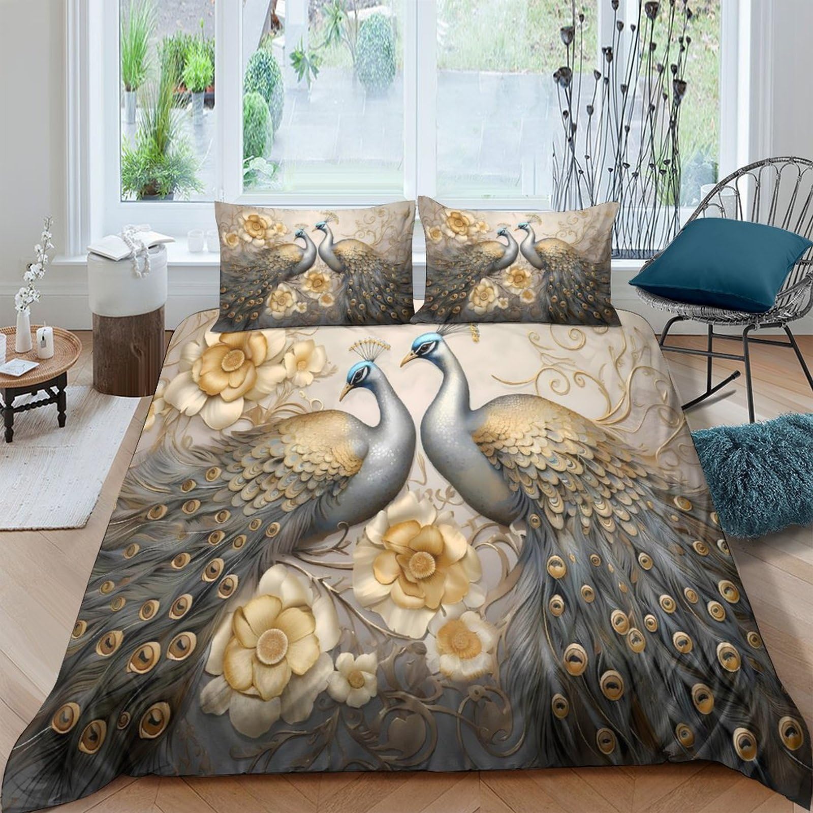 Ctjqhvkz Style-7 3D Printed Golden Peacock Fitted Sheet Microfiber Soft Slip-Resistant Elegant Floral Mattress Cover For Bedroom Guest Room Decor Single（135X200cm）