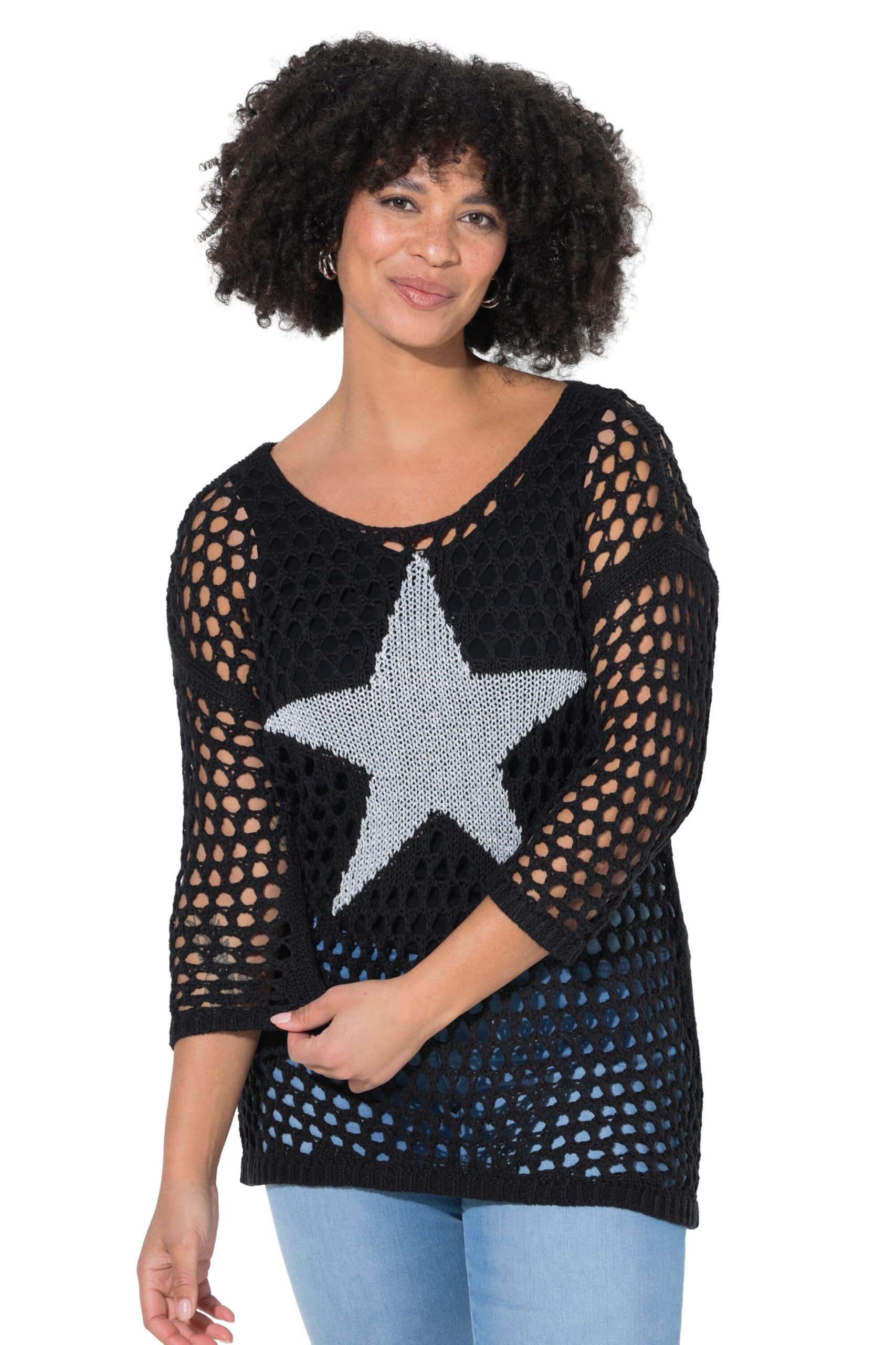 Angel of Style Damen große Größen Übergrößen Plus Size Pullover, Relaxed Fit, Grobstrick, Stern, 3/4-Ärmel 831316