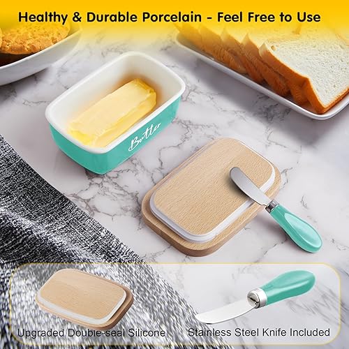 Miniatura 3 de ALELION Mantequillera turquesa con tapa y cuchillo para encimera, recipiente de mantequilla de cerámica con tapa de madera de haya, hermético para