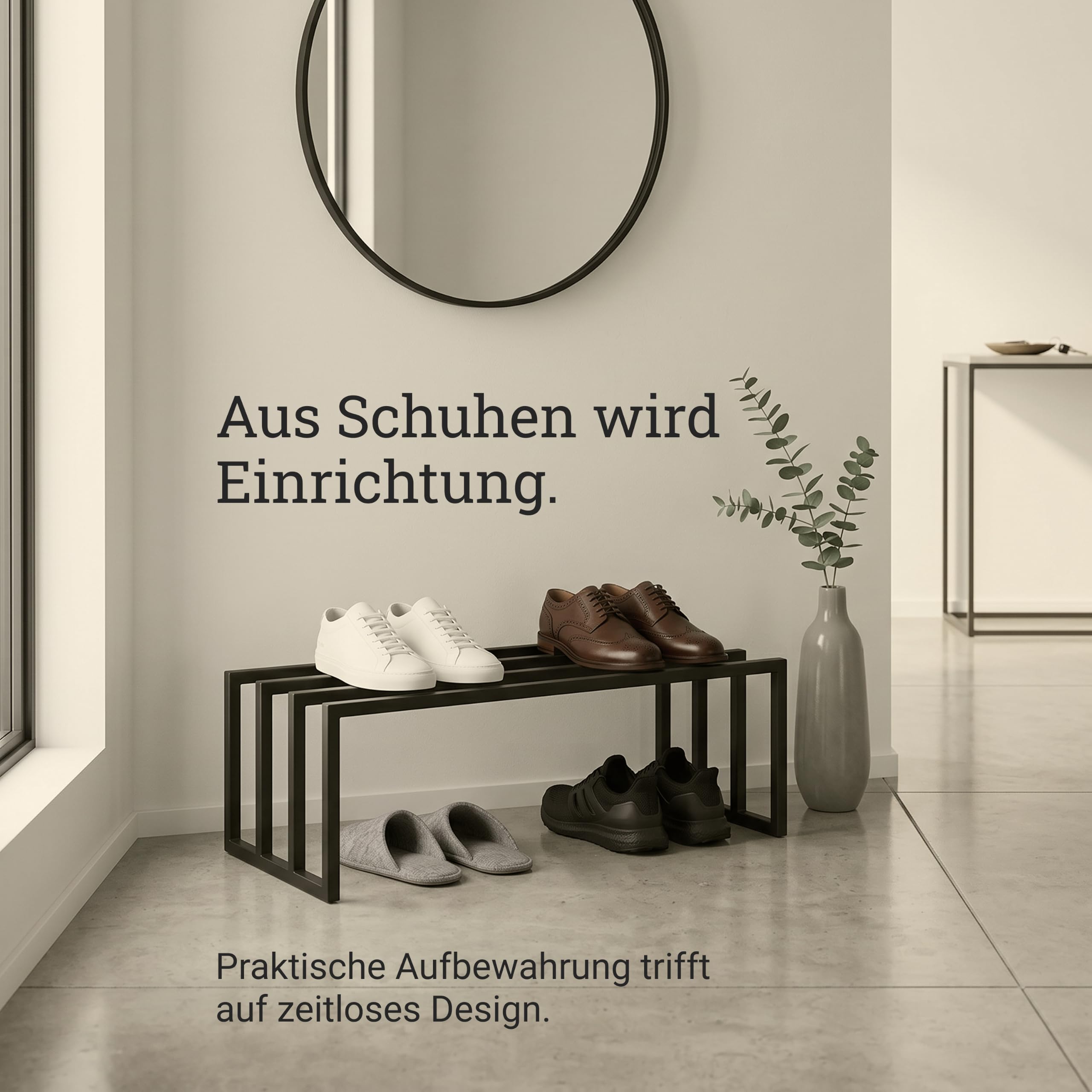 Natural Goods Berlin 1x Schuhablage RECHTECK - Offenes Schuhregal Metall Schwarz - 80 x 25 x 30 cm - Schwarzes Schuhregal Outdoor Wetterfest - Schuhaufbewahrung Platzsparend - Shoe Rack, Shoe Storage