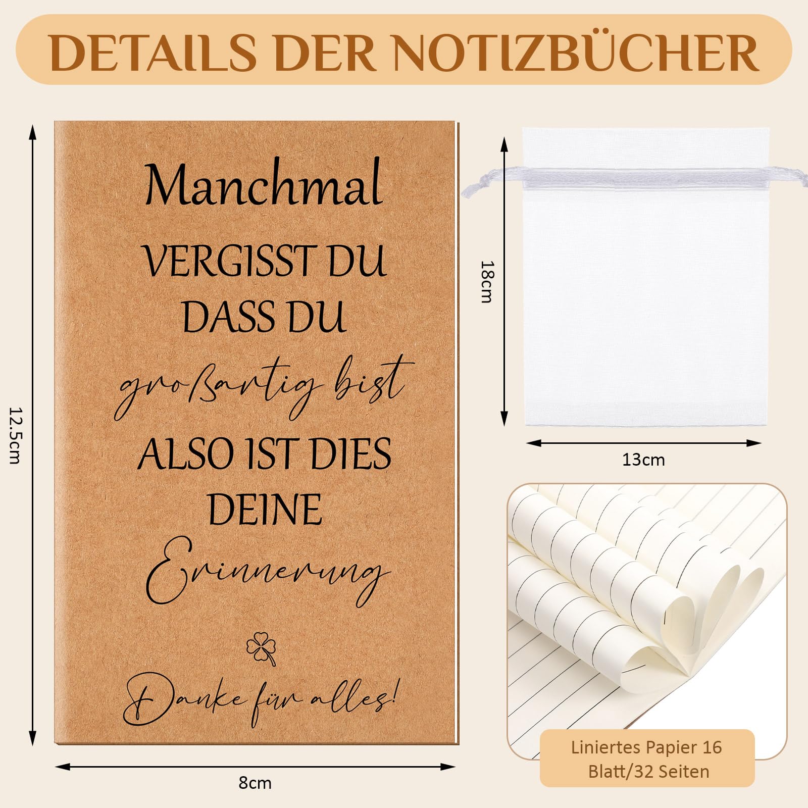 Jadive 24 Set Regali di Ringraziamento per i Colleghi Mini Quaderno Penna Danke für Alles Portachiavi Ispiratori Etichette Regalo e Sacchetti di Organza Regalo di Addio per i Dipendenti