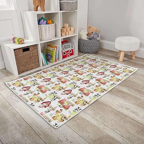 HawSkgFub Alfombra de área de juegos de animales de granja para bebés, niños y niñas, diseño de vaca, caballo, oveja, cerdo, pollo, pato,