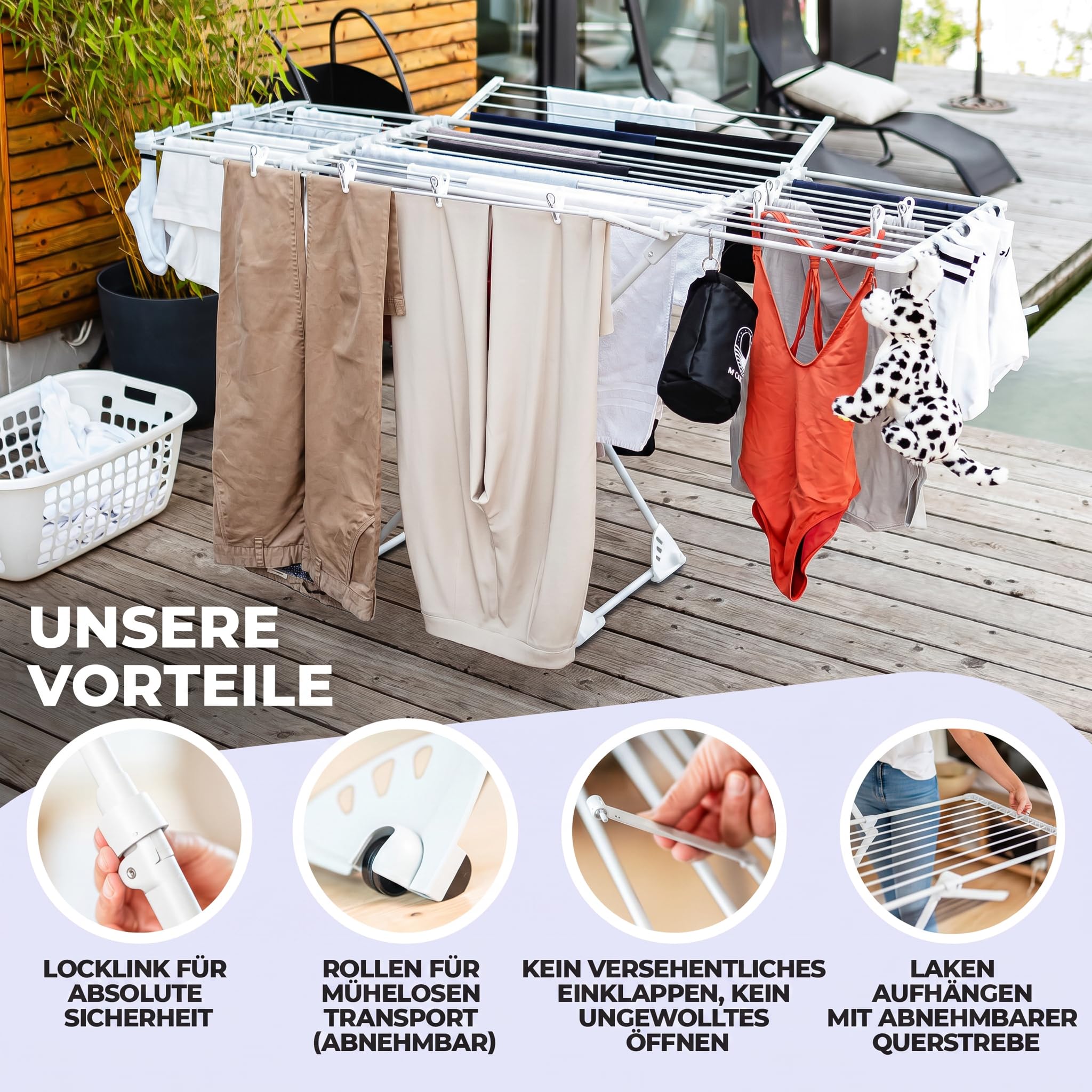 MONDHEIM® Obsidian | XXL Teleskop Wäscheständer 26M TROCKENLÄNGE | abnehmbare Querstrebe | Flügelwäscheständer platzsparend | nutzbar für Balkon oder Terasse (Weiß)