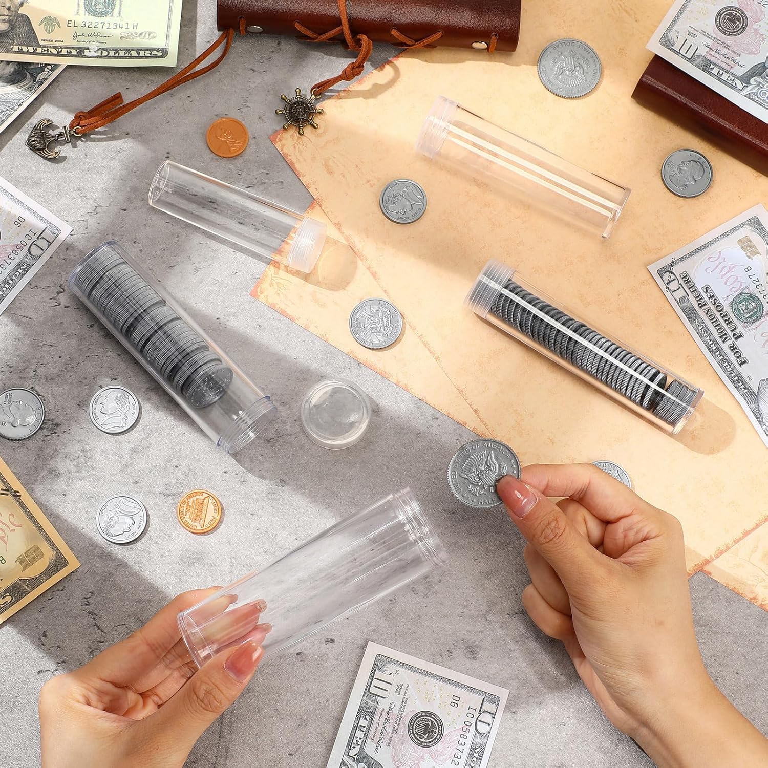 Yaomiao 60 Pcs Plastic Coin Tubes Assorted Sizes Nickel Dime Storage Tubes with Lid Quarter Storage Holders Half Dollar Containers Round Dollar Collection Supplies