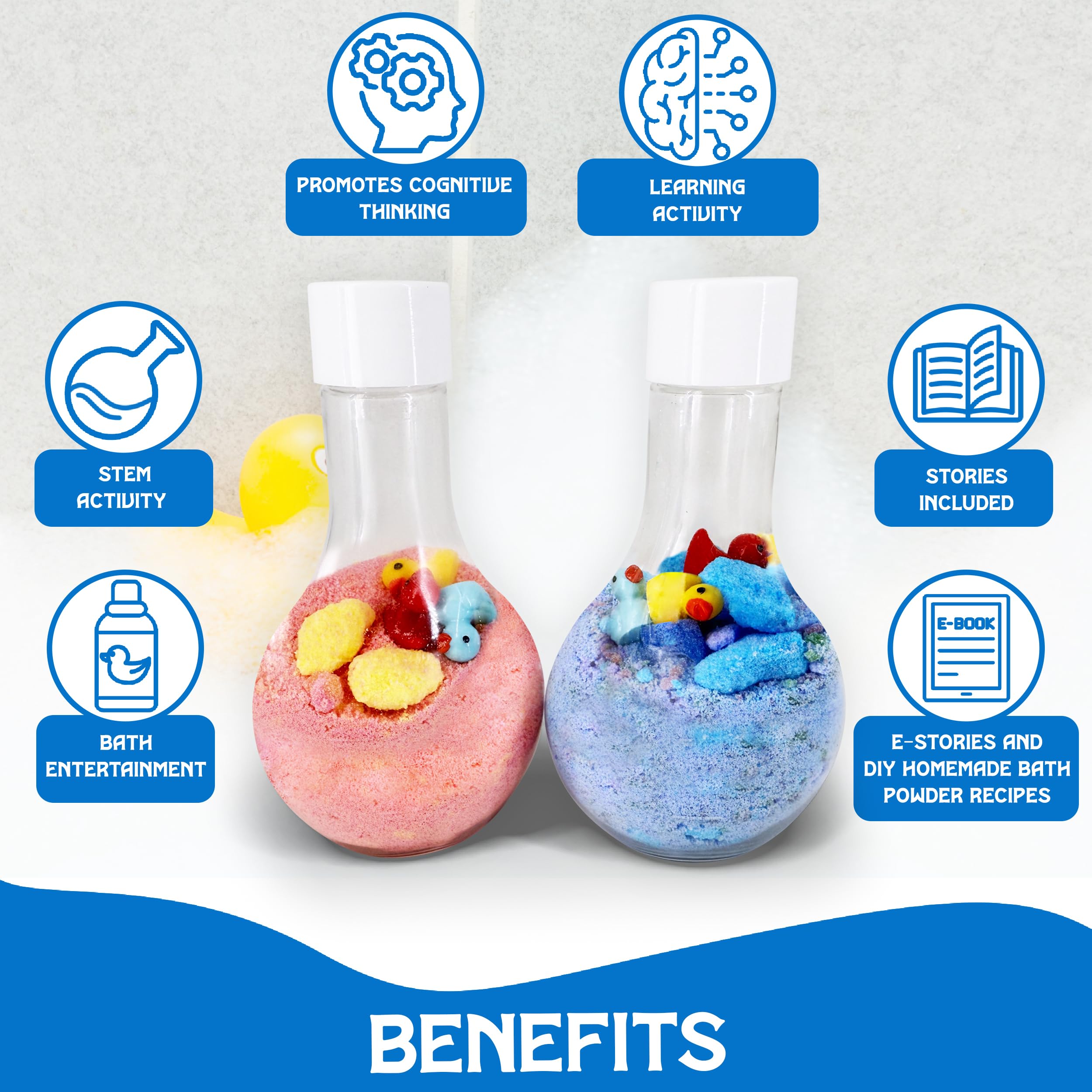 Kids Bath Bombs Powder with 12 Mini Toy Ducks Inside – Bubble Potions for Kids with Natural Essential Oils – Bubble Bath Magic Science Kit Mix - Blast of Fizzy Foamy & Eruption Colors – Gift Set of 4