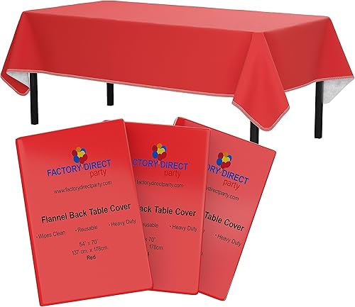 Exquisite Manteles de vinilo rojo - 54 x 70 pulgadas - Paquete de 3 manteles rectangulares - Manteles de vinilo con parte trasera de franela roja